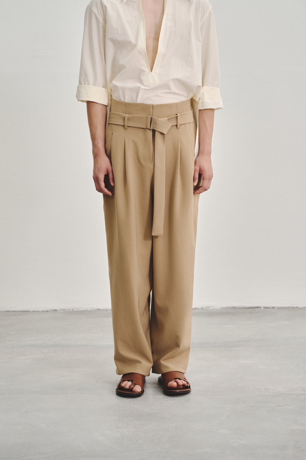 Brown 'Extra-High' Waisted Pleated Trousers in Stretch Tencel Crepe with Fabric Belt