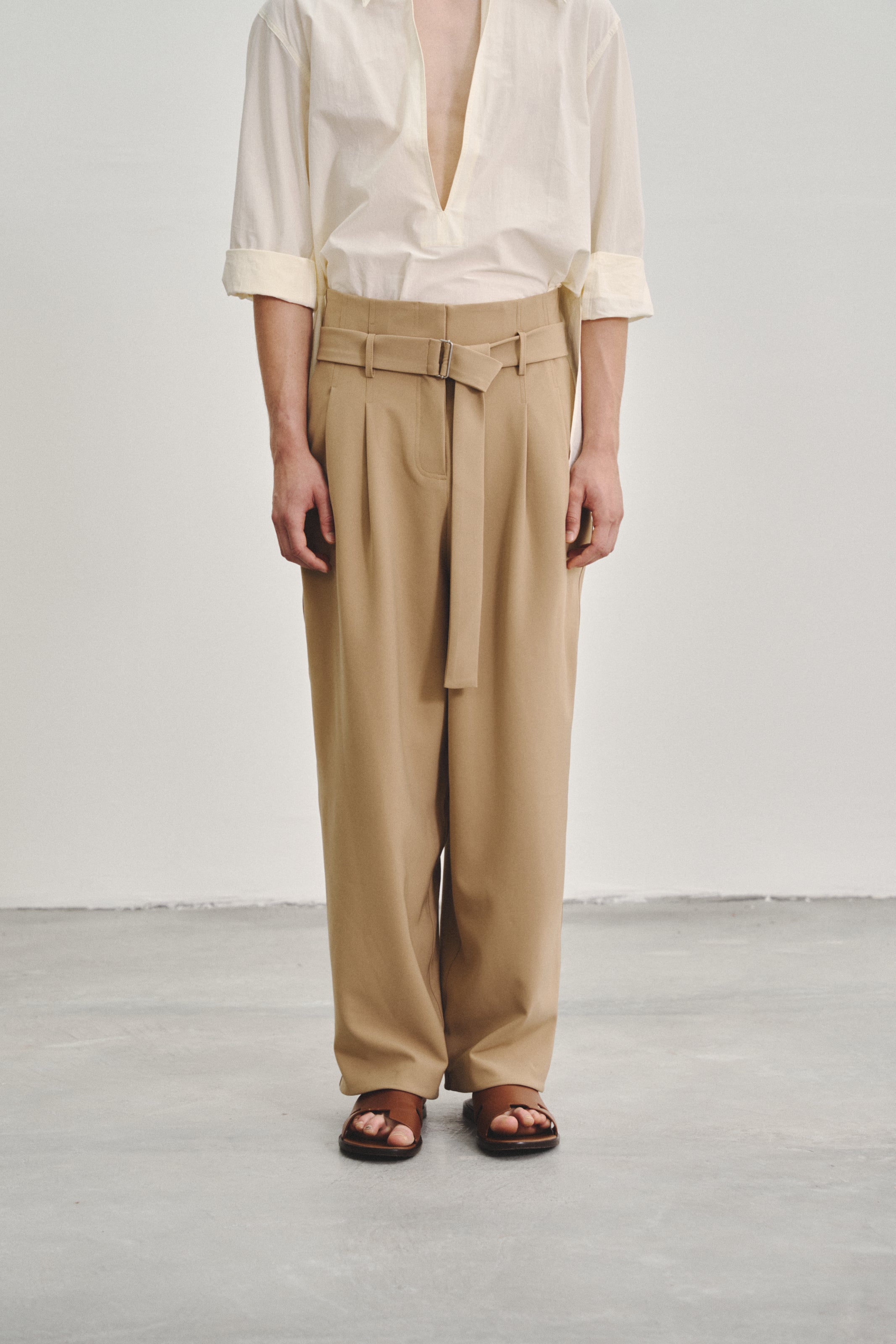 Brown 'Extra-High' Waisted Pleated Trousers in Stretch Tencel Crepe with Fabric Belt