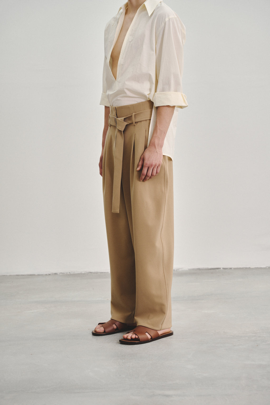 Brown 'Extra-High' Waisted Pleated Trousers in Stretch Tencel Crepe with Fabric Belt