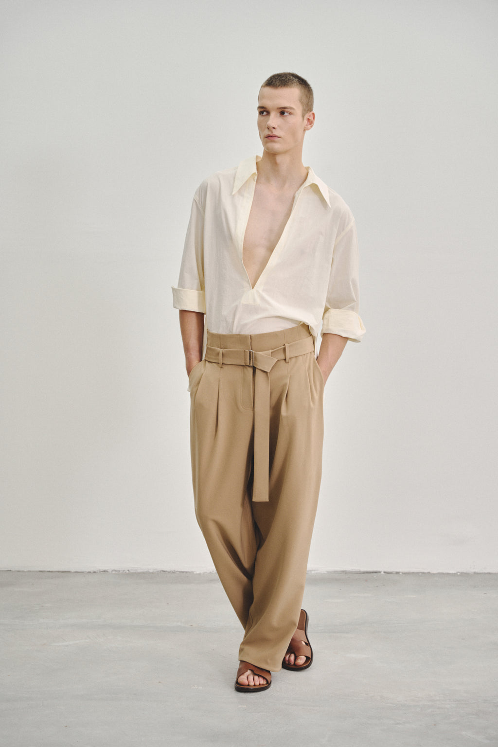 Brown 'Extra-High' Waisted Pleated Trousers in Stretch Tencel Crepe with Fabric Belt