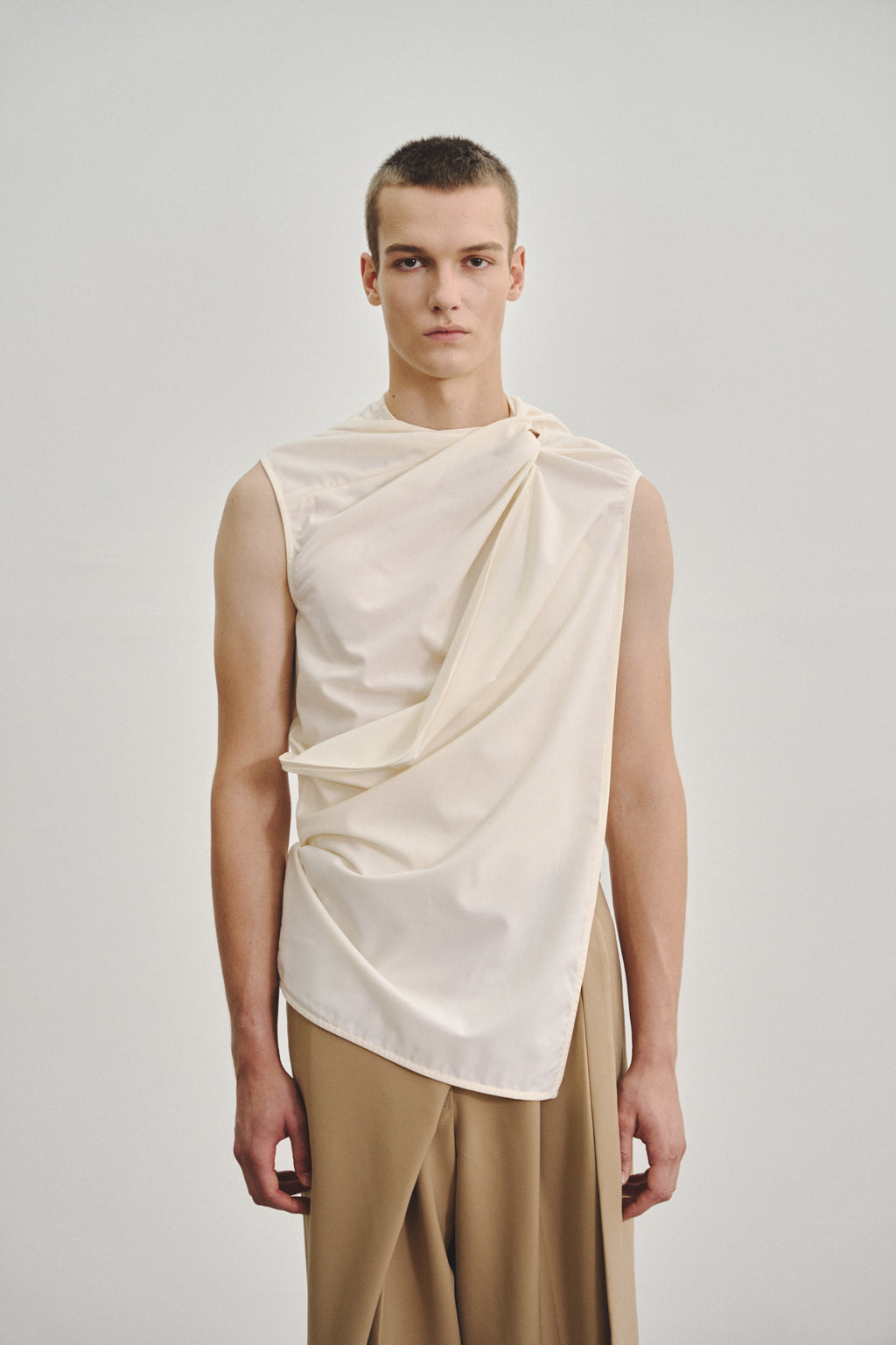 ‘Twisted Knot’ Tunic with Shawl Lapel in Stretch Tencel Rayon Blend Beige