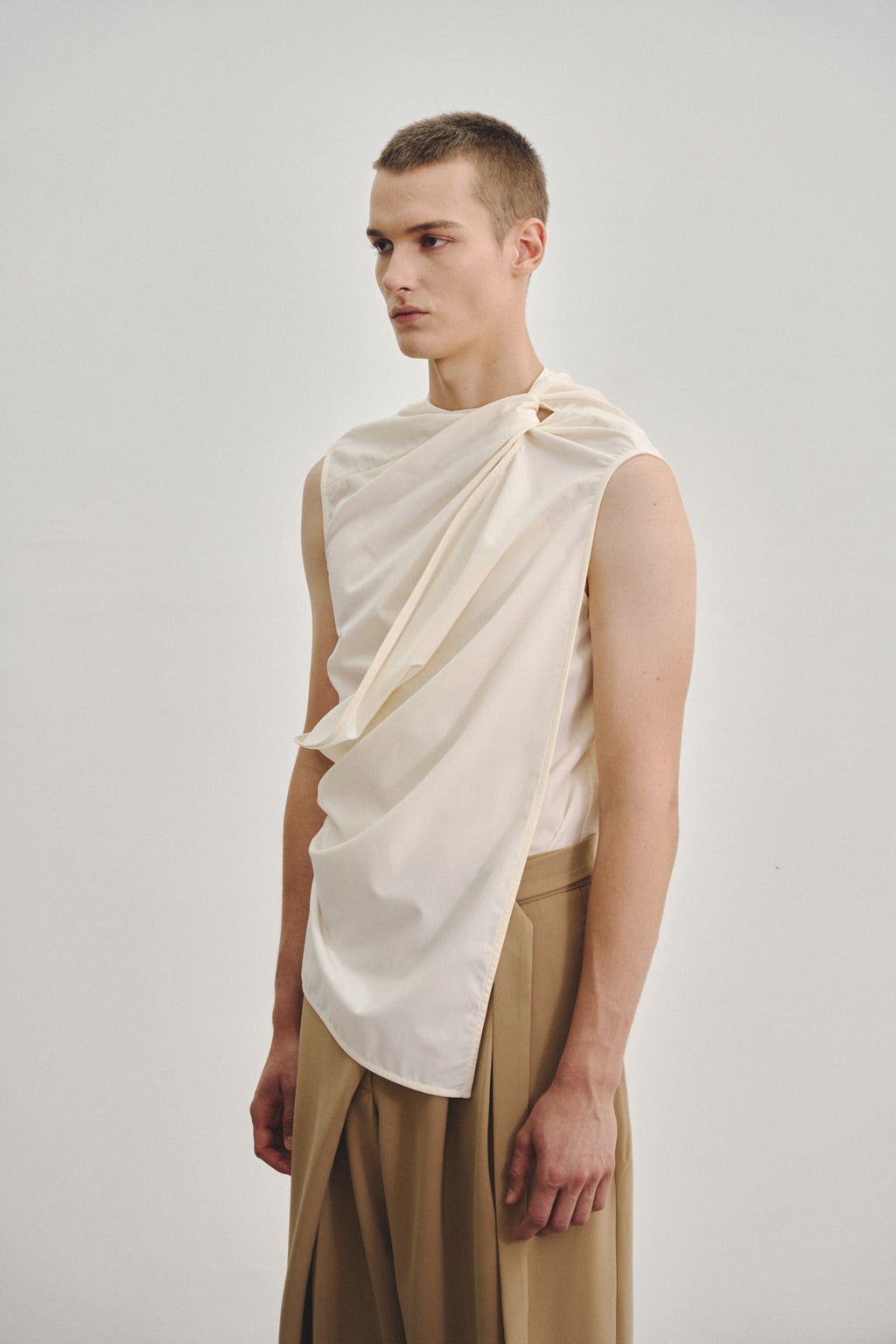 ‘Twisted Knot’ Tunic with Shawl Lapel in Stretch Tencel Rayon Blend Beige