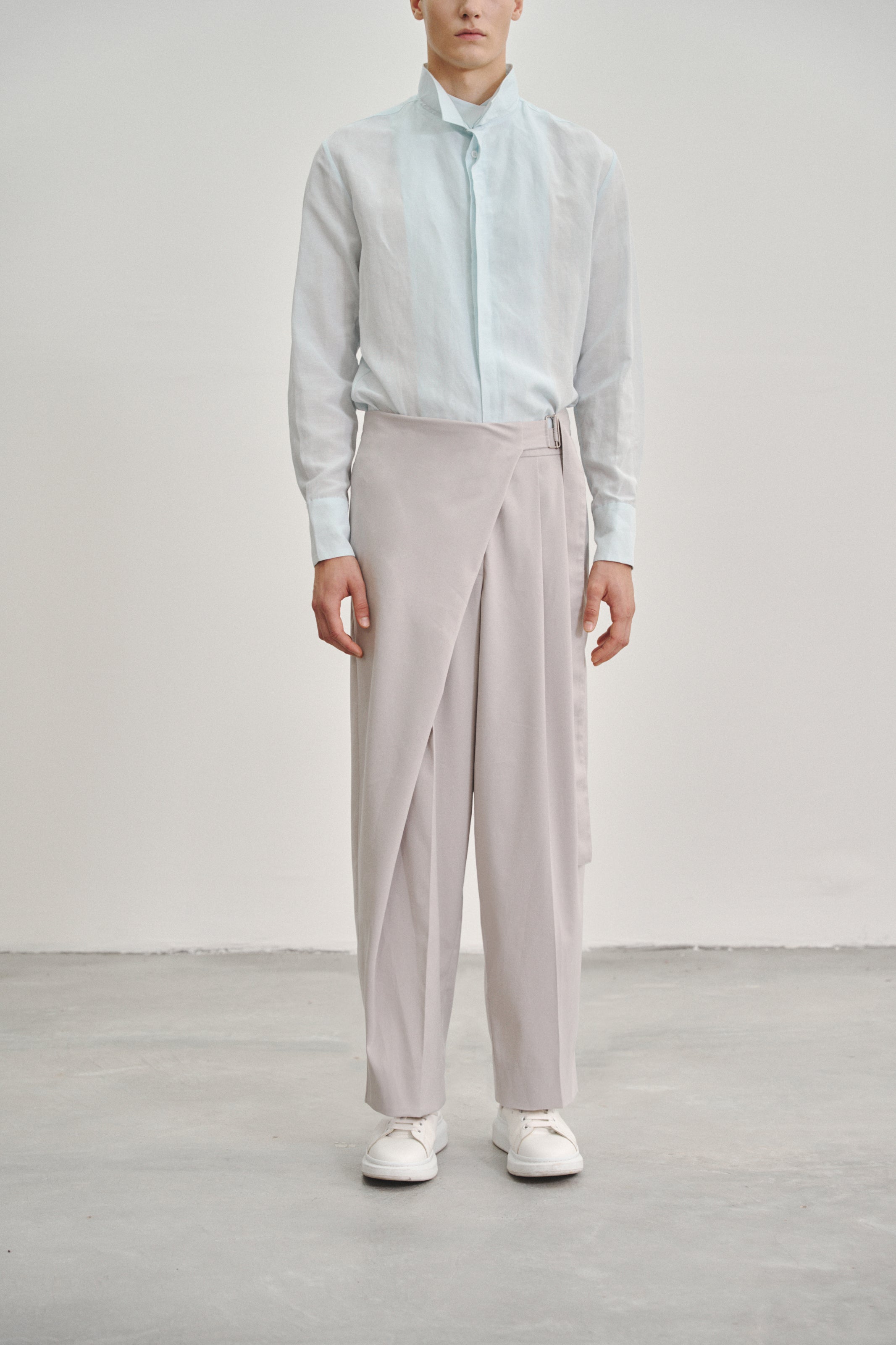Grey 'Wrap' Pleated Trousers with Adjustable Belt Buckle in Tencel Rayon Blend Gabardine