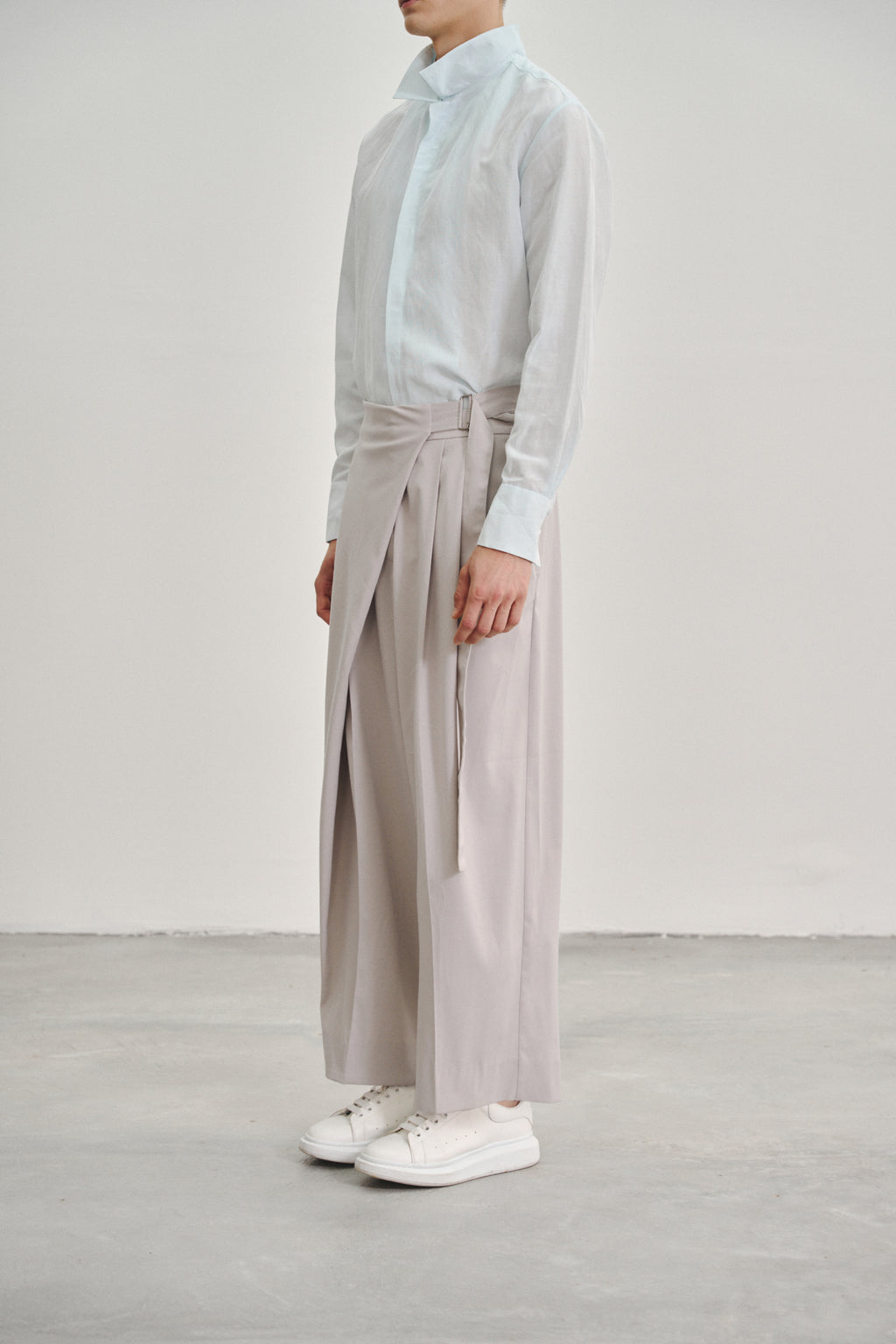 Grey 'Wrap' Pleated Trousers with Adjustable Belt Buckle in Tencel Rayon Blend Gabardine
