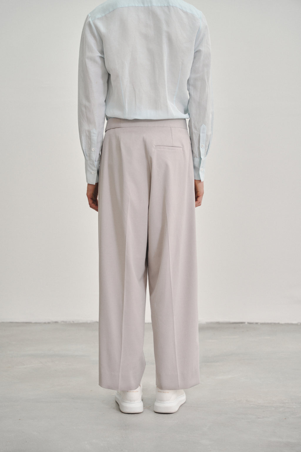 Grey 'Wrap' Pleated Trousers with Adjustable Belt Buckle in Tencel Rayon Blend Gabardine