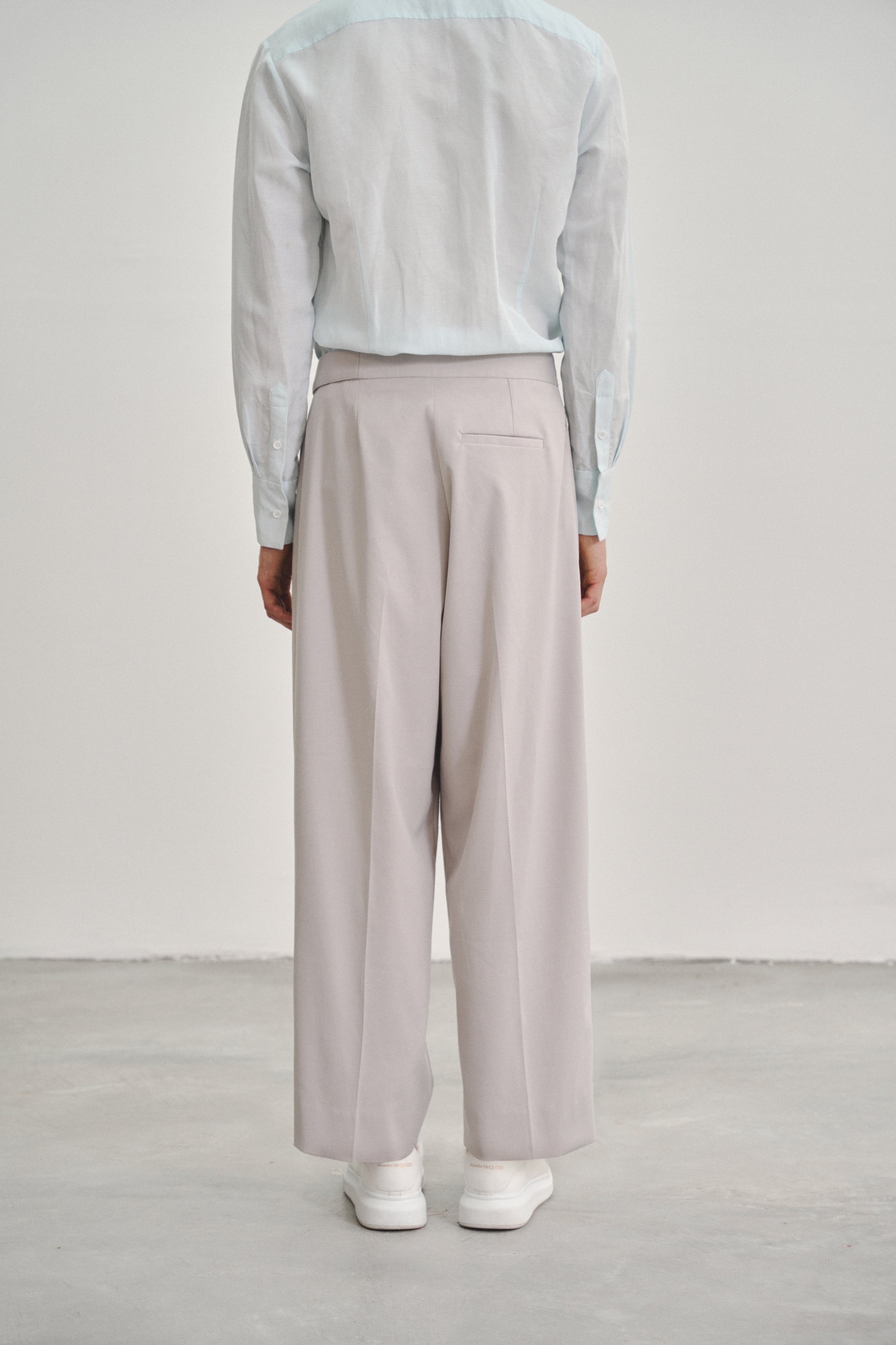 Grey 'Wrap' Pleated Trousers with Adjustable Belt Buckle in Tencel Rayon Blend Gabardine