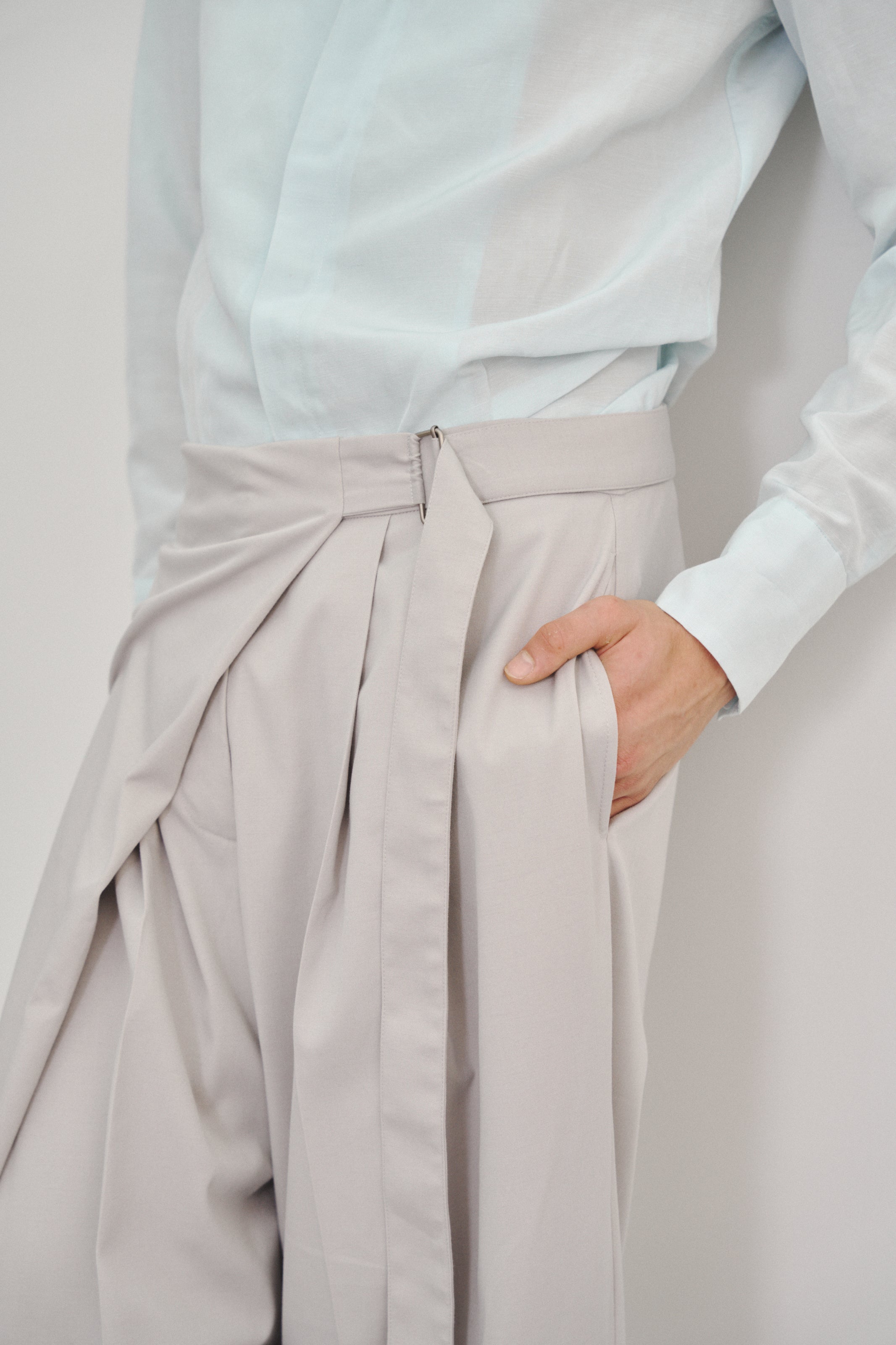 Grey 'Wrap' Pleated Trousers with Adjustable Belt Buckle in Tencel Rayon Blend Gabardine