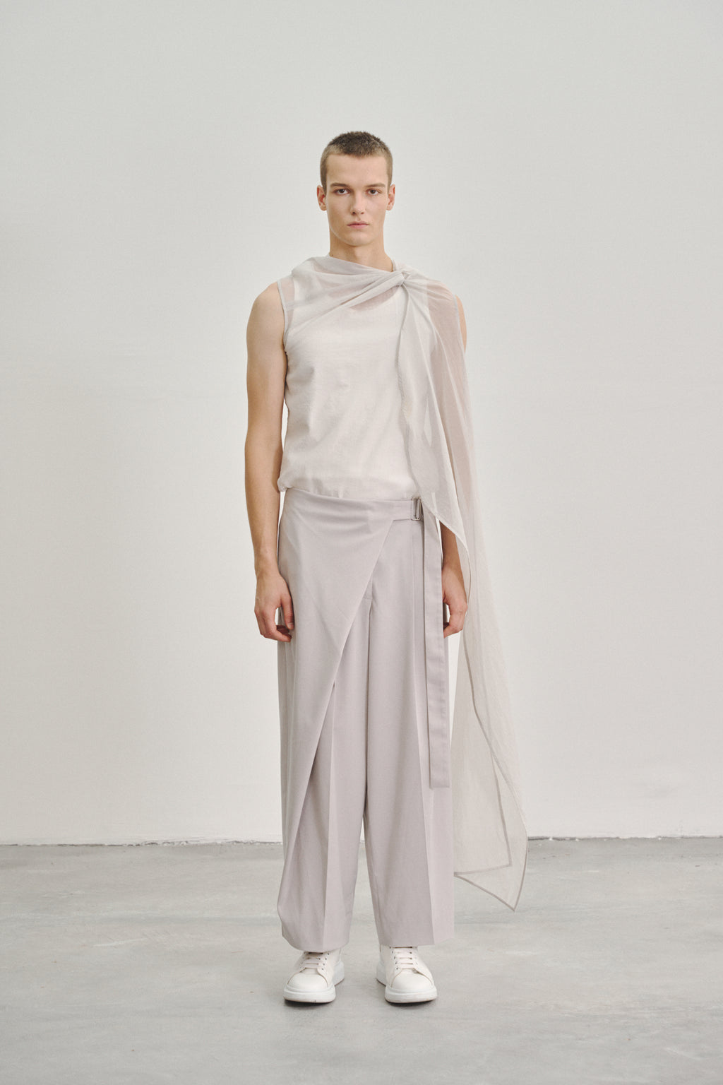 'Twisted Knot' Tunic with Long Shawl in Textured Voile Light Grey