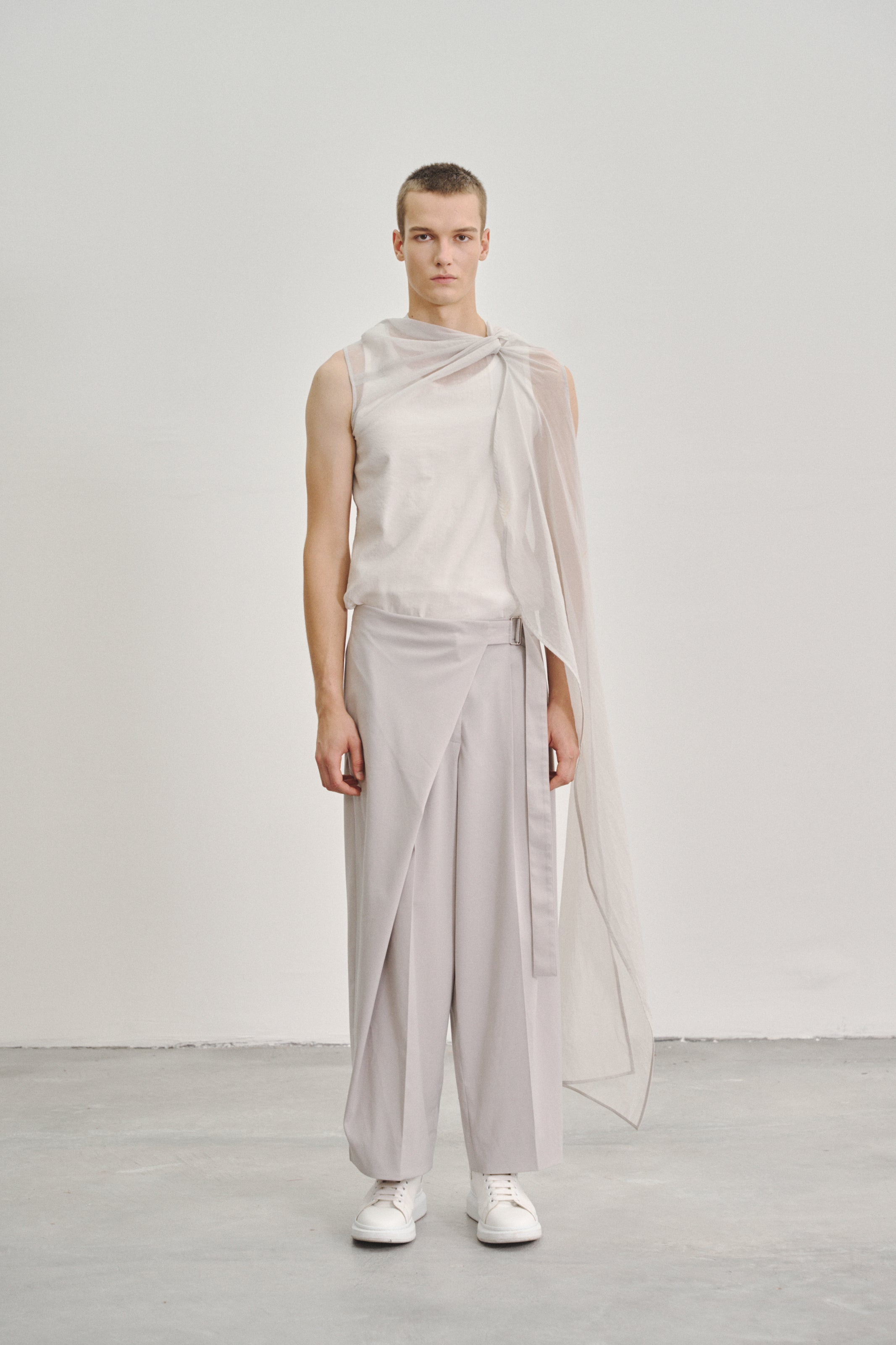 'Twisted Knot' Tunic with Long Shawl in Textured Voile Light Grey