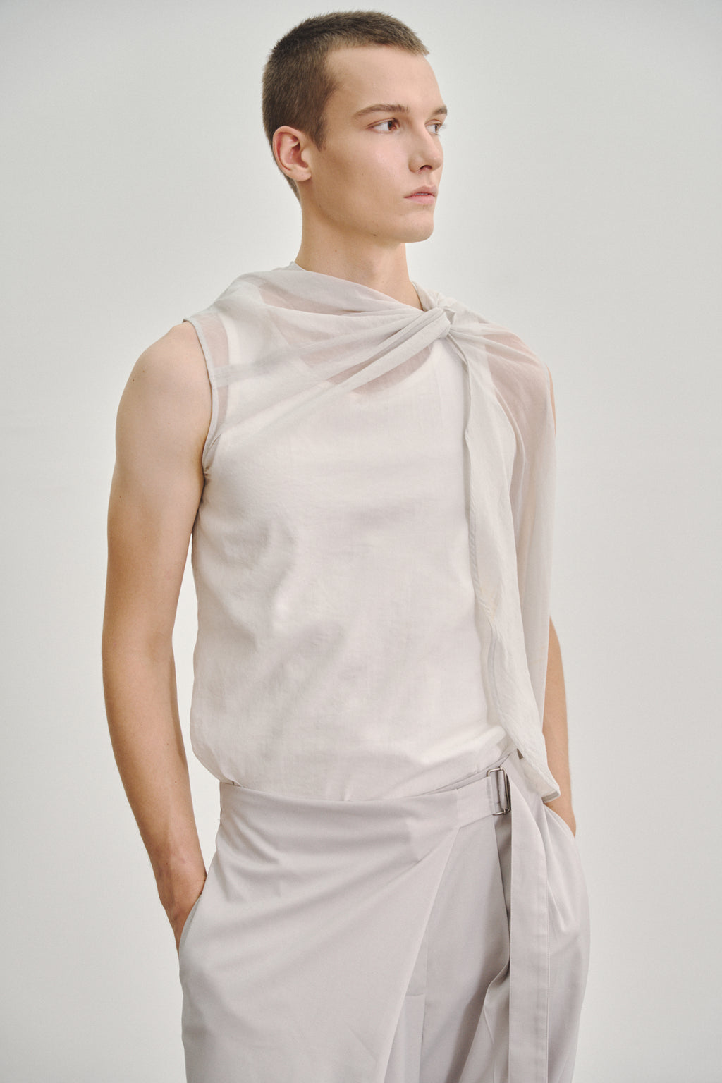 'Twisted Knot' Tunic with Long Shawl in Textured Voile Light Grey