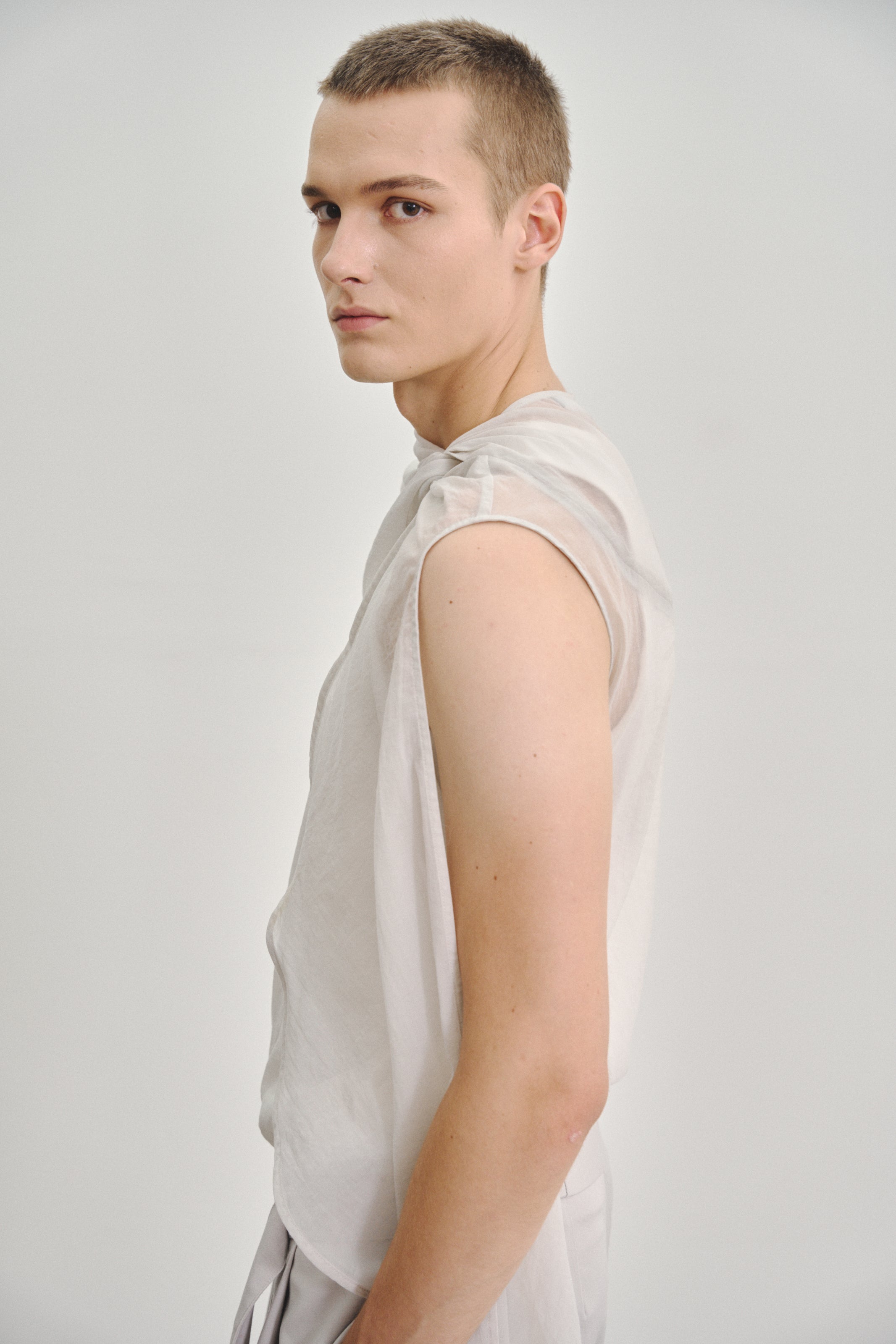 'Twisted Knot' Tunic with Long Shawl in Textured Voile Light Grey