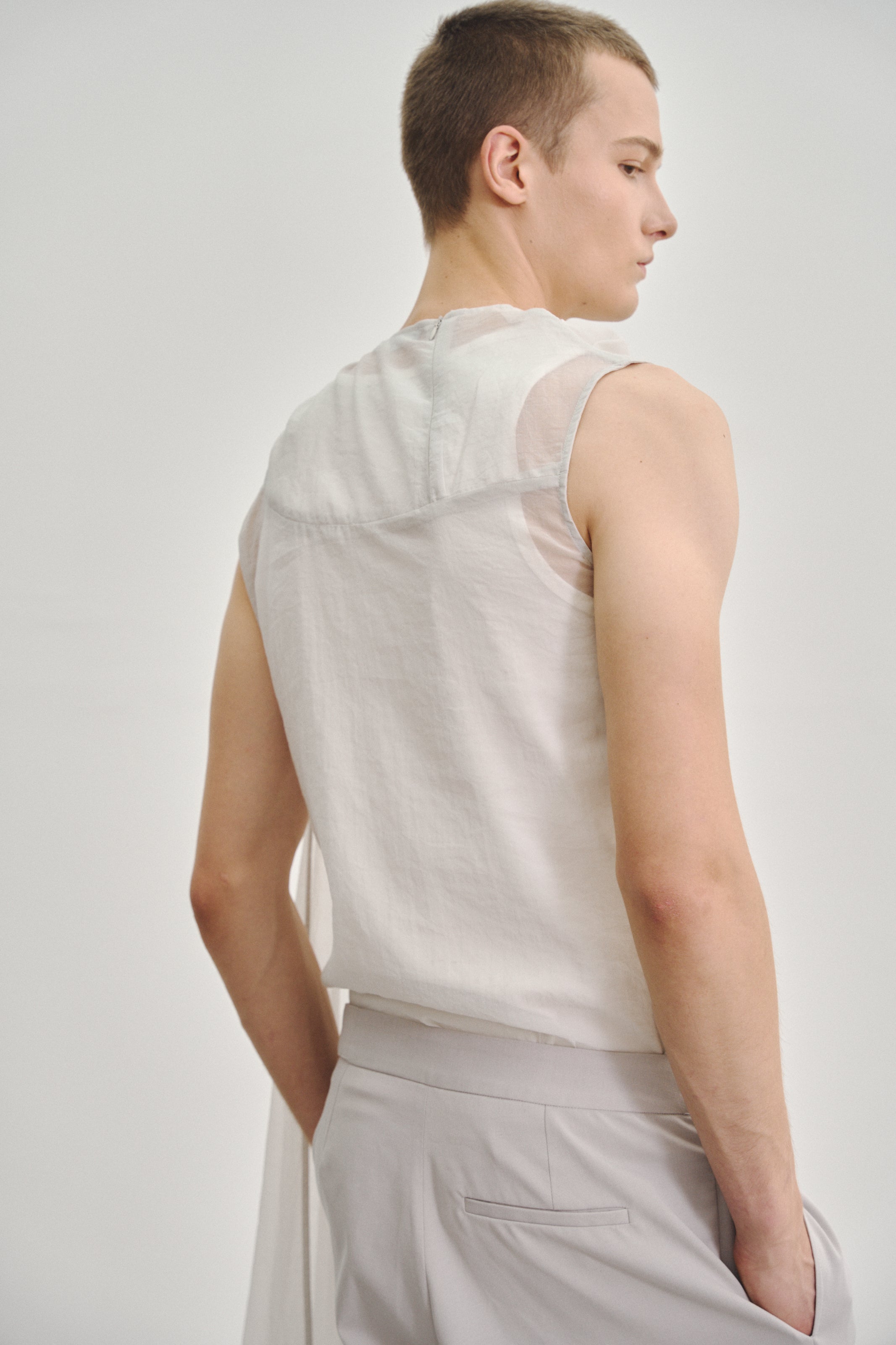 'Twisted Knot' Tunic with Long Shawl in Textured Voile Light Grey