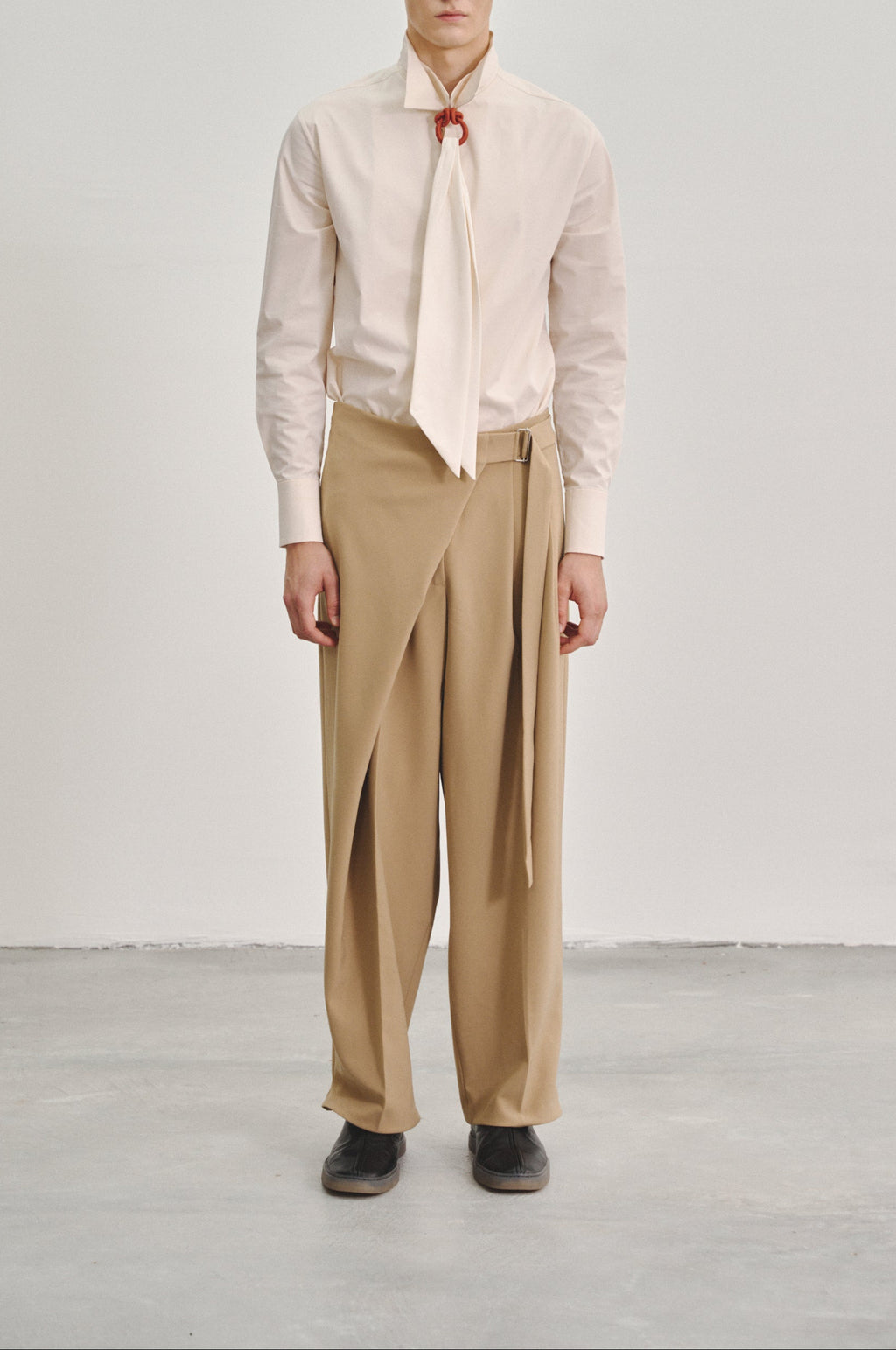 Brown 'Wrap' Pleated Trousers with Adjustable Belt Buckle in Stretch Tencel Crepe