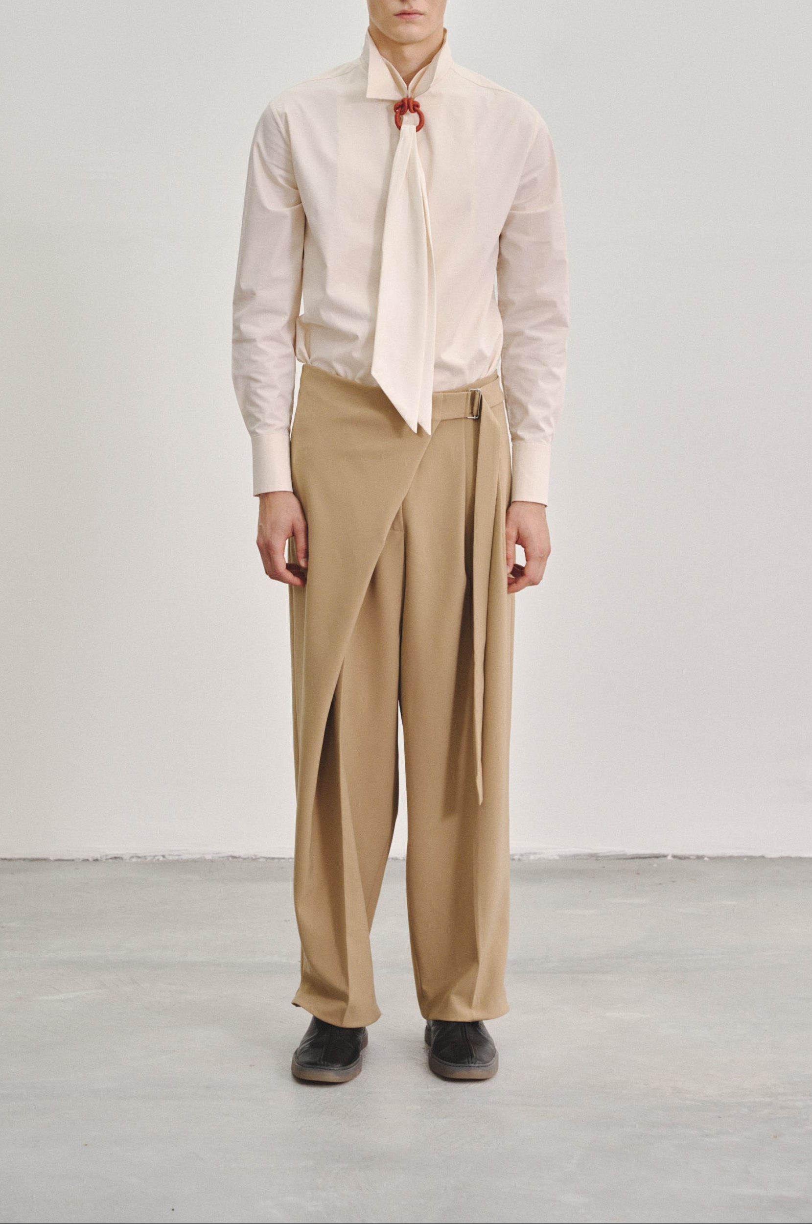 Brown 'Wrap' Pleated Trousers with Adjustable Belt Buckle in Stretch Tencel Crepe