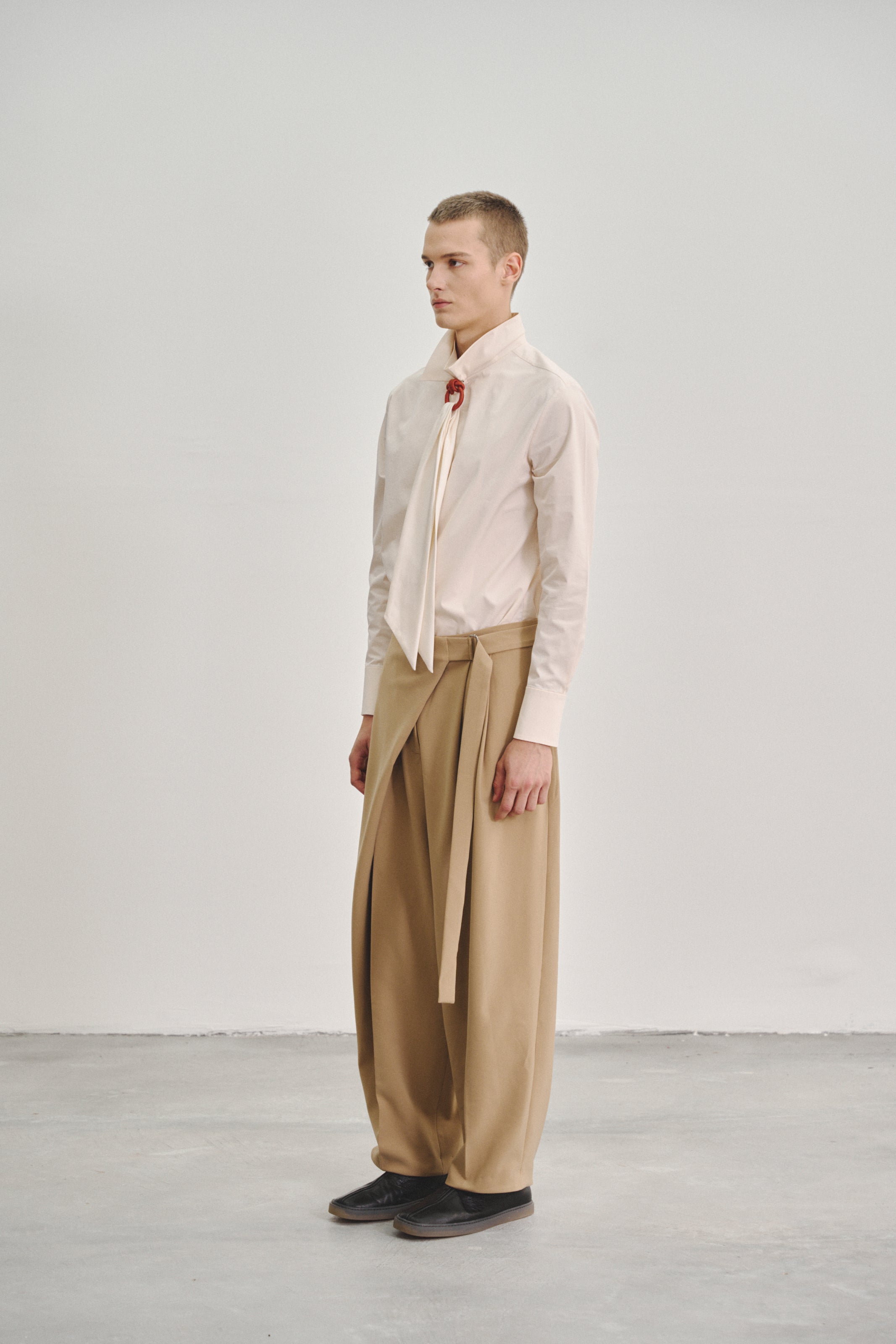 Brown 'Wrap' Pleated Trousers with Adjustable Belt Buckle in Stretch Tencel Crepe