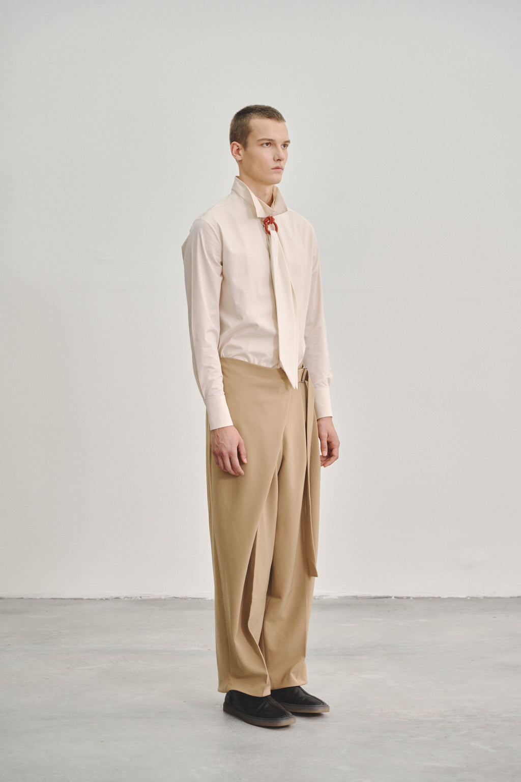 Brown 'Wrap' Pleated Trousers with Adjustable Belt Buckle in Stretch Tencel Crepe