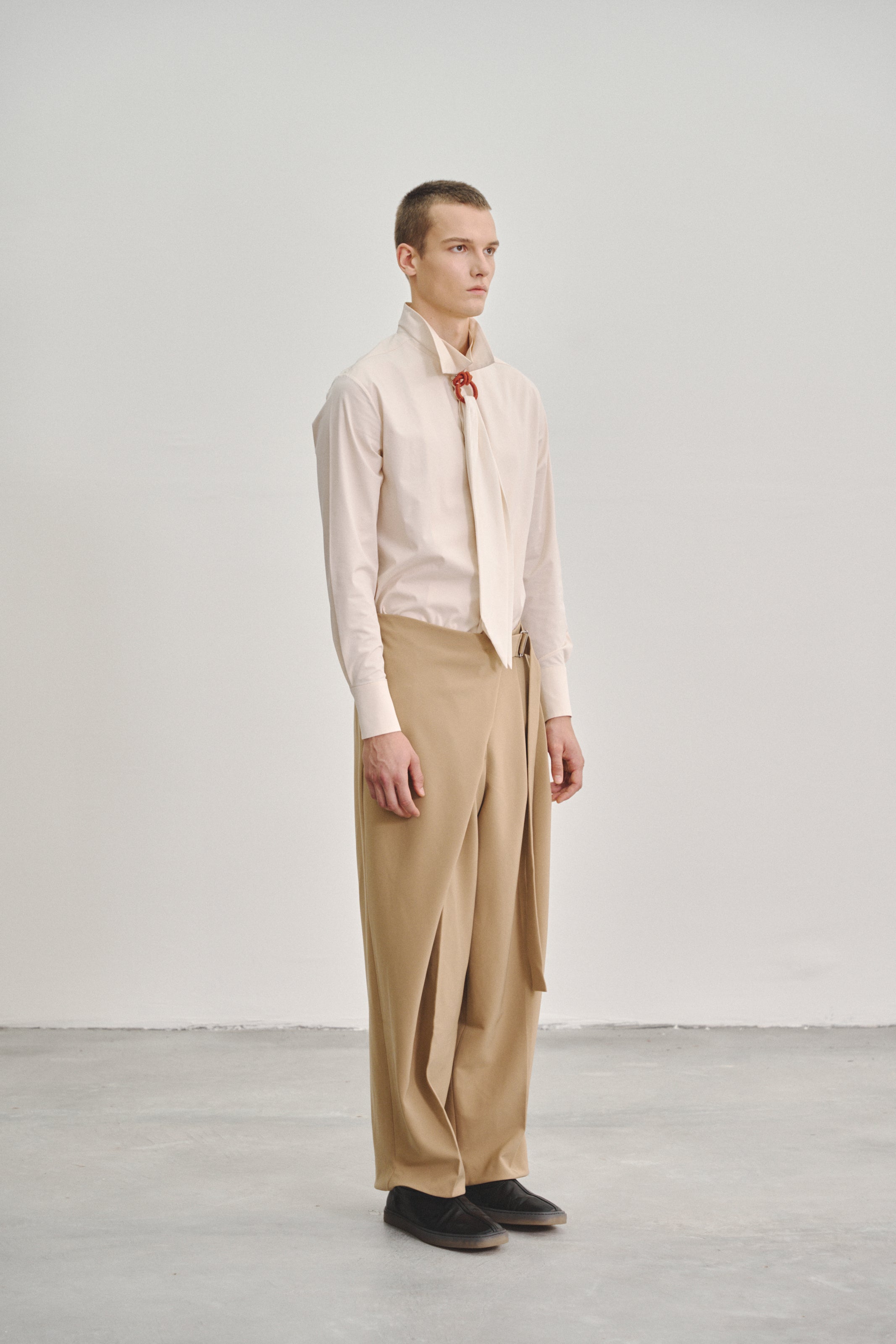 Brown 'Wrap' Pleated Trousers with Adjustable Belt Buckle in Stretch Tencel Crepe