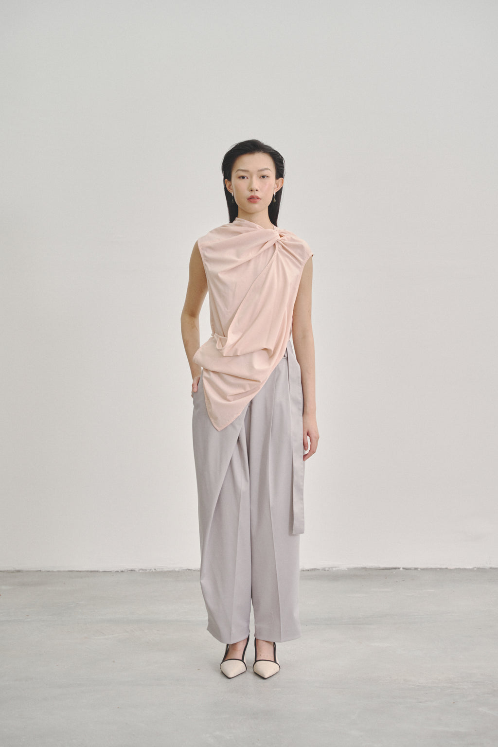 Grey 'Wrap' Pleated Trousers with Adjustable Belt Buckle in Tencel Rayon Blend Gabardine