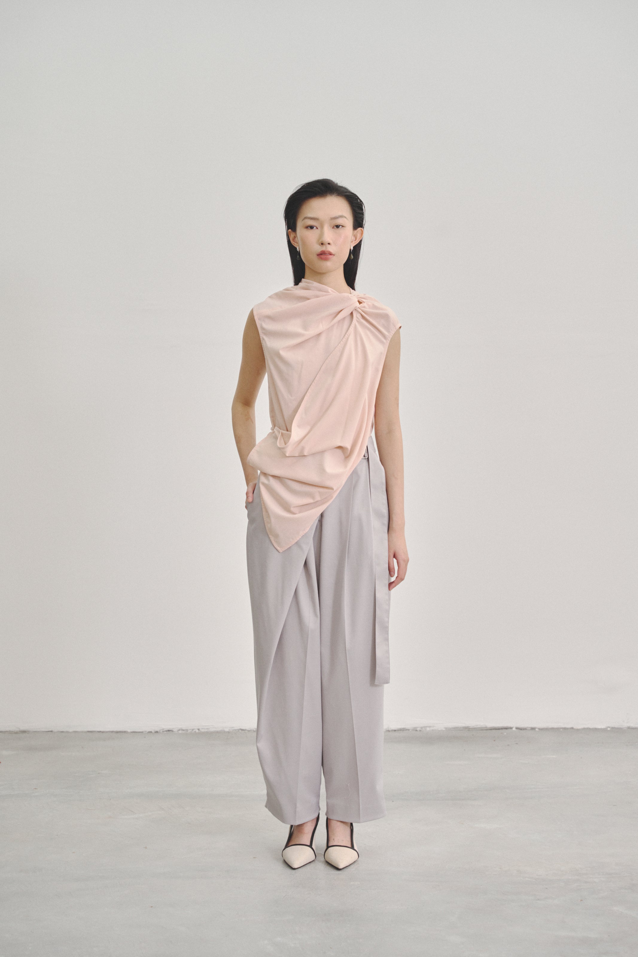 Grey 'Wrap' Pleated Trousers with Adjustable Belt Buckle in Tencel Rayon Blend Gabardine