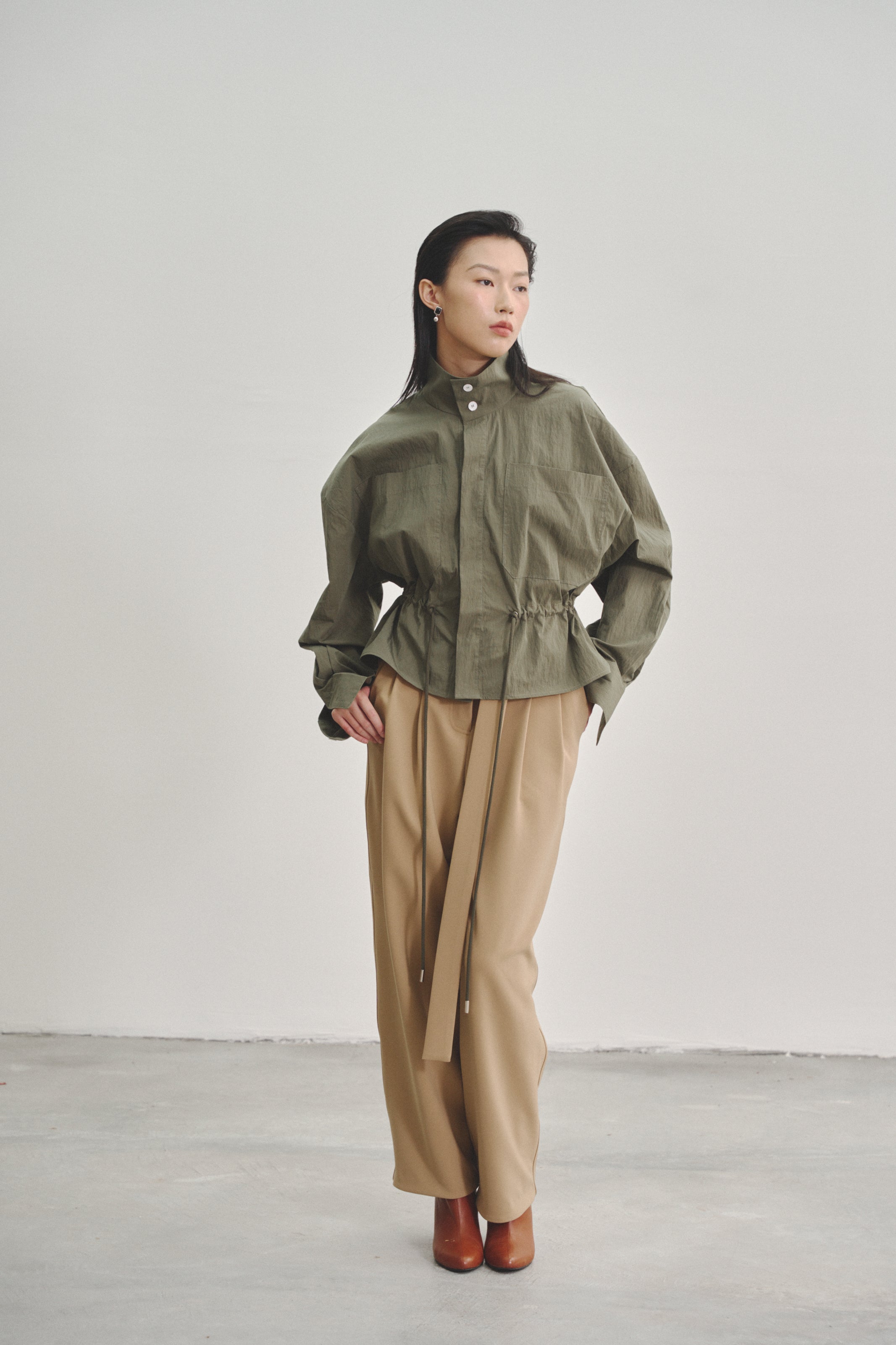 Army Green 'Nathan' Short Jacket with Drawstring in Textured Cotton