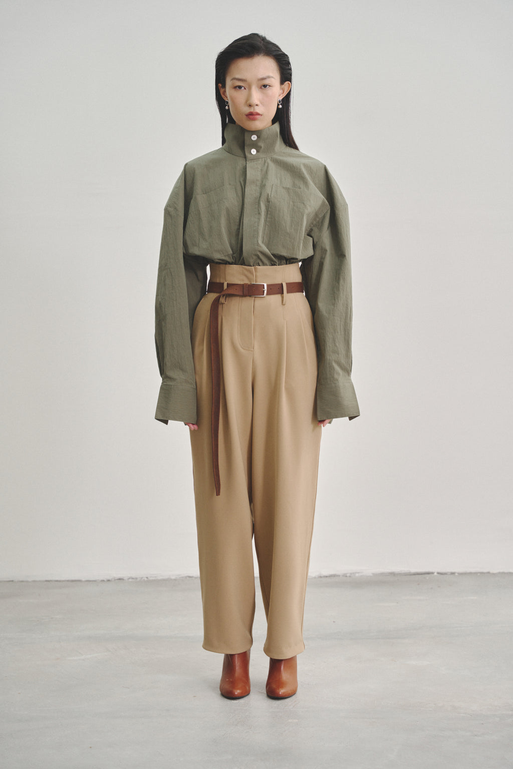 Brown 'Extra-High' Waisted Pleated Trousers in Stretch Tencel Crepe with Fabric Belt