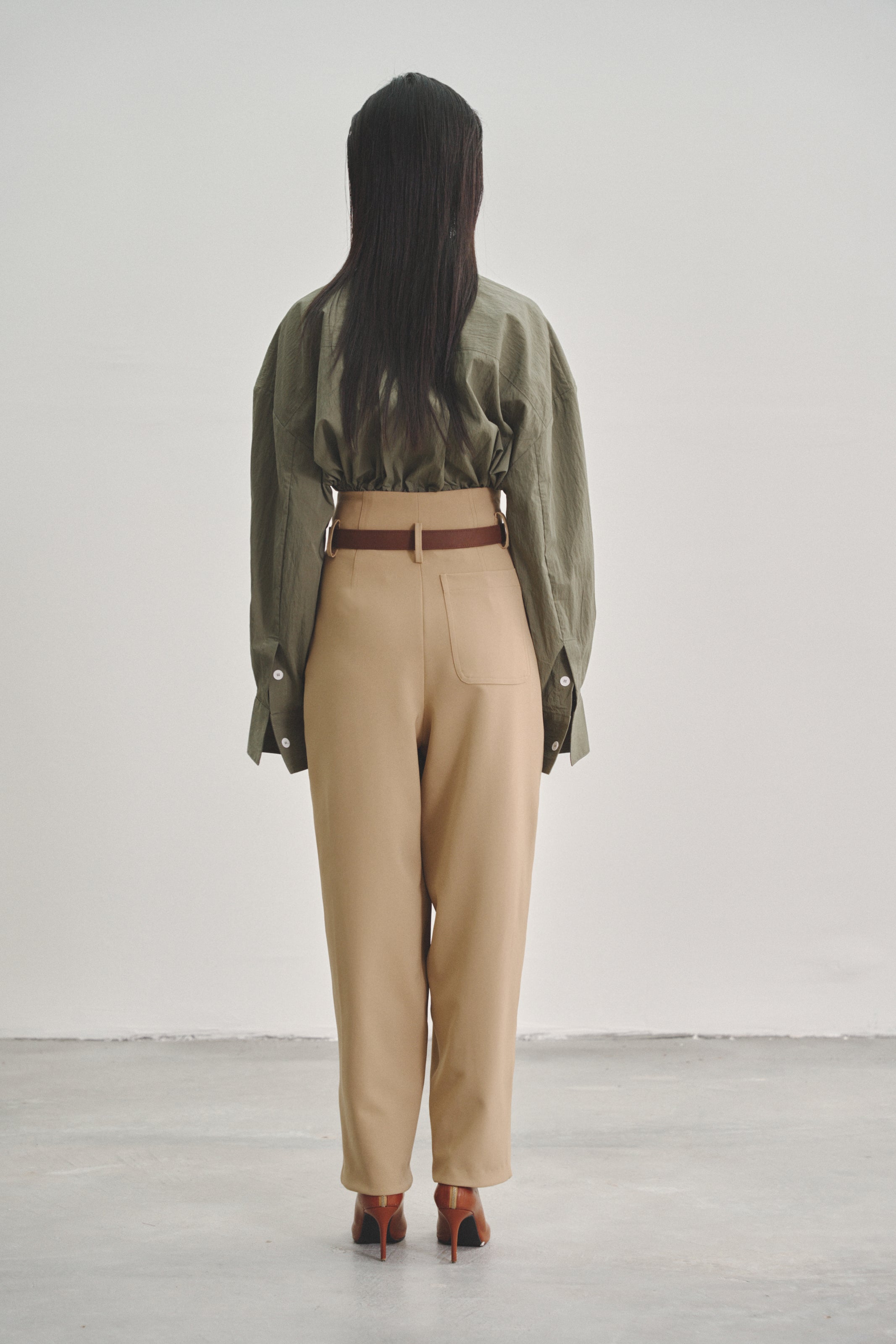 Brown 'Extra-High' Waisted Pleated Trousers in Stretch Tencel Crepe with Fabric Belt