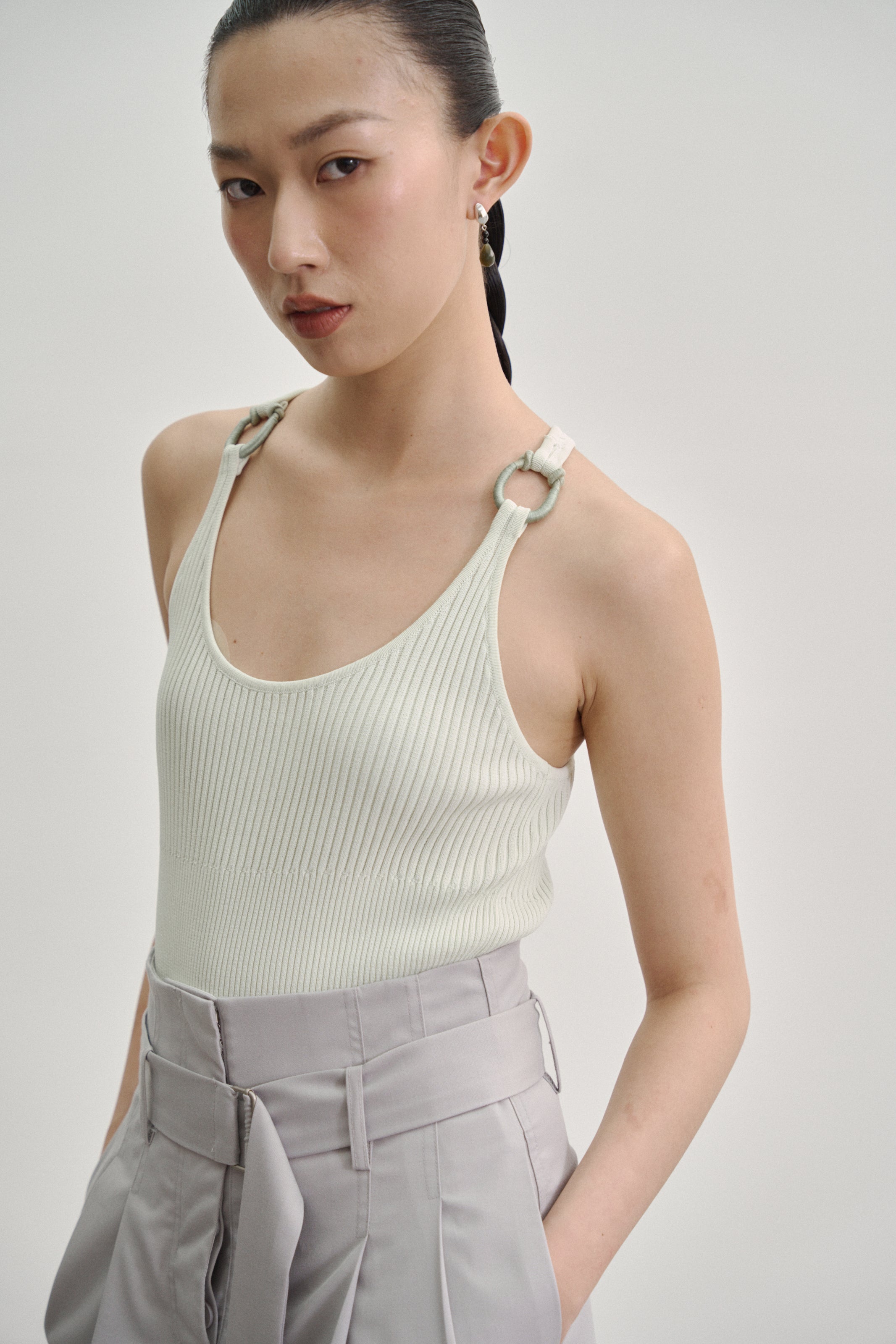 'Kupu Loop’ Rib Knit Tank Top in Viscose Nylon Blend Green