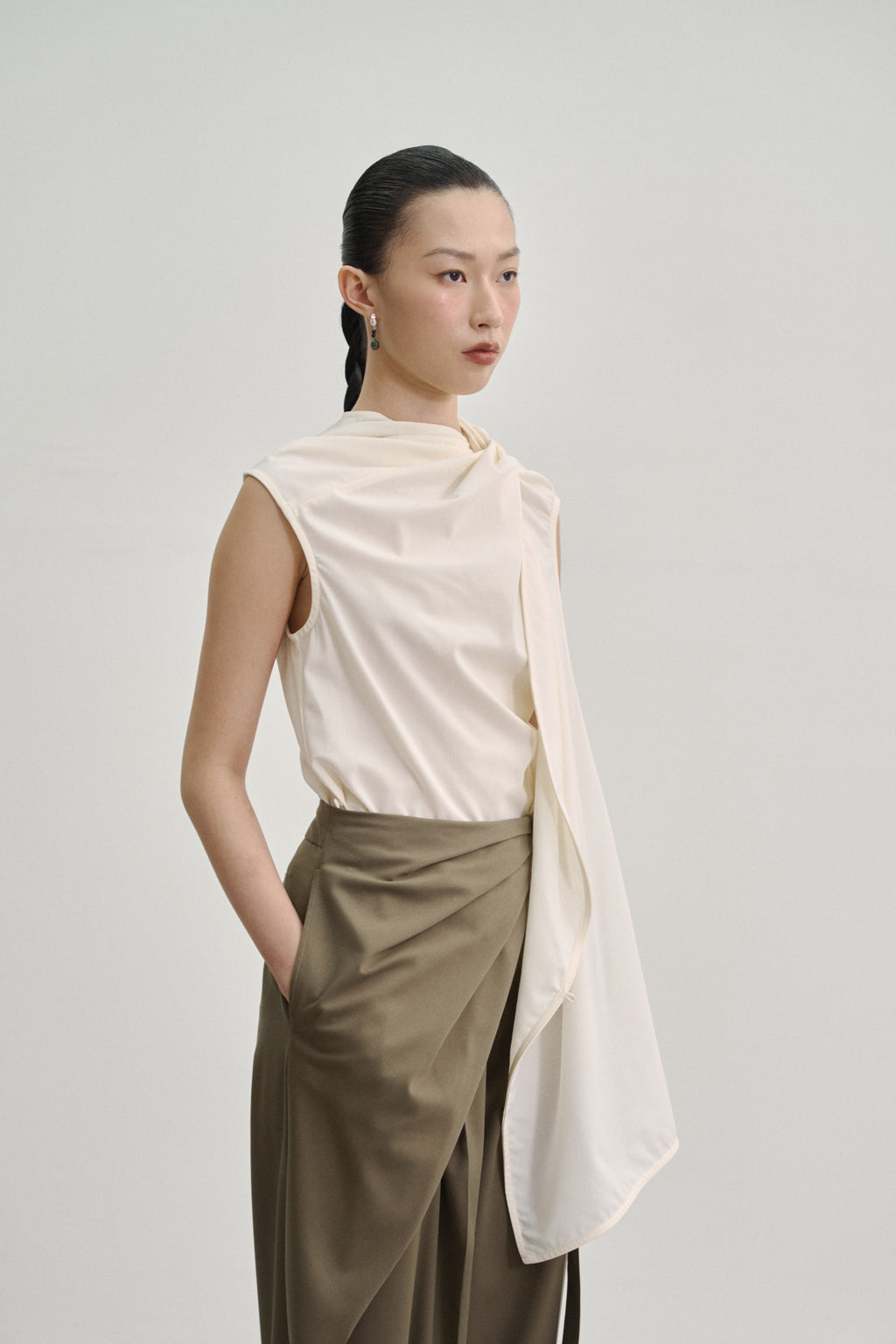 ‘Twisted Knot’ Tunic with Shawl Lapel in Stretch Tencel Rayon Blend Beige