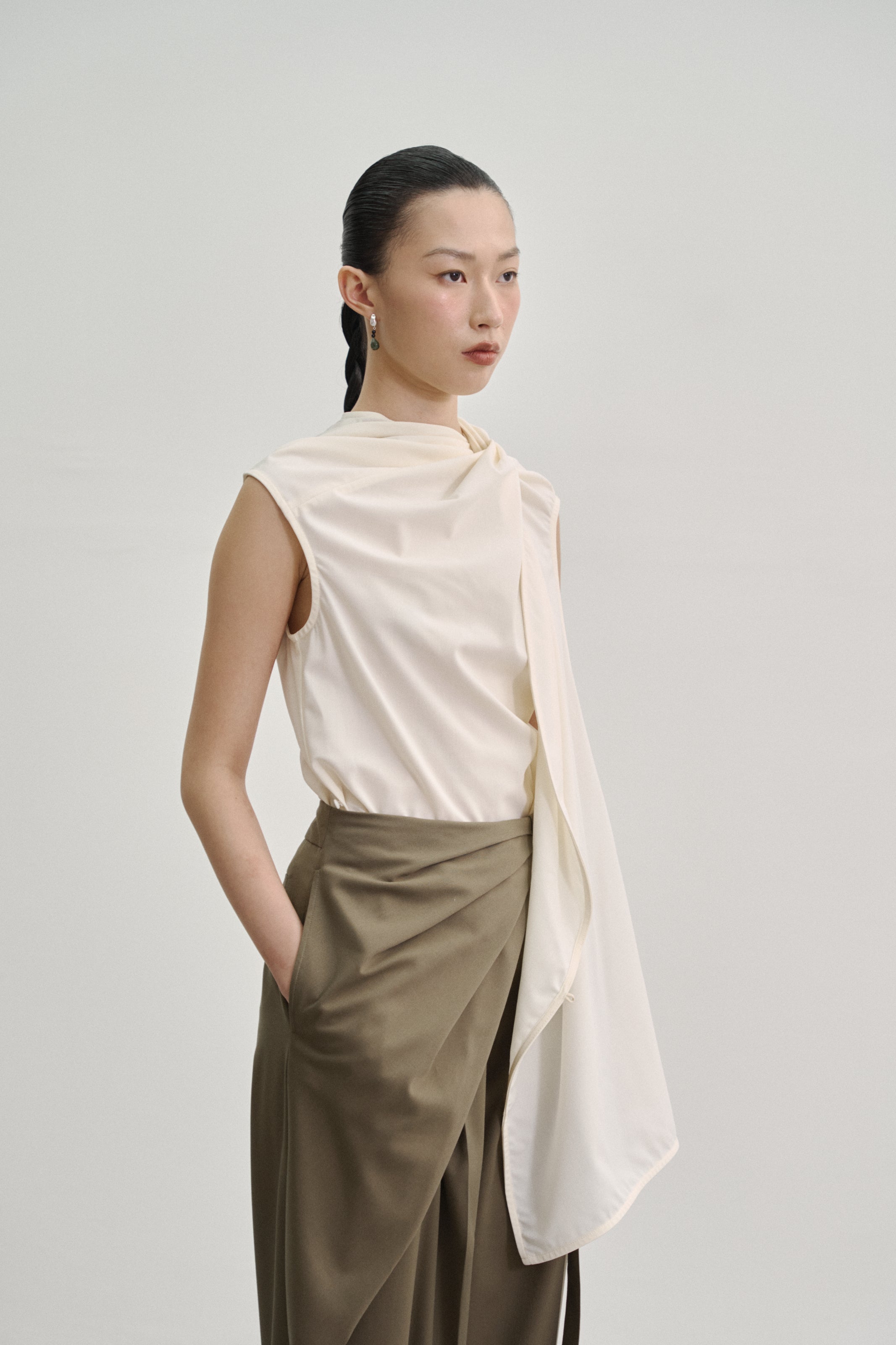 ‘Twisted Knot’ Tunic with Shawl Lapel in Stretch Tencel Rayon Blend Beige