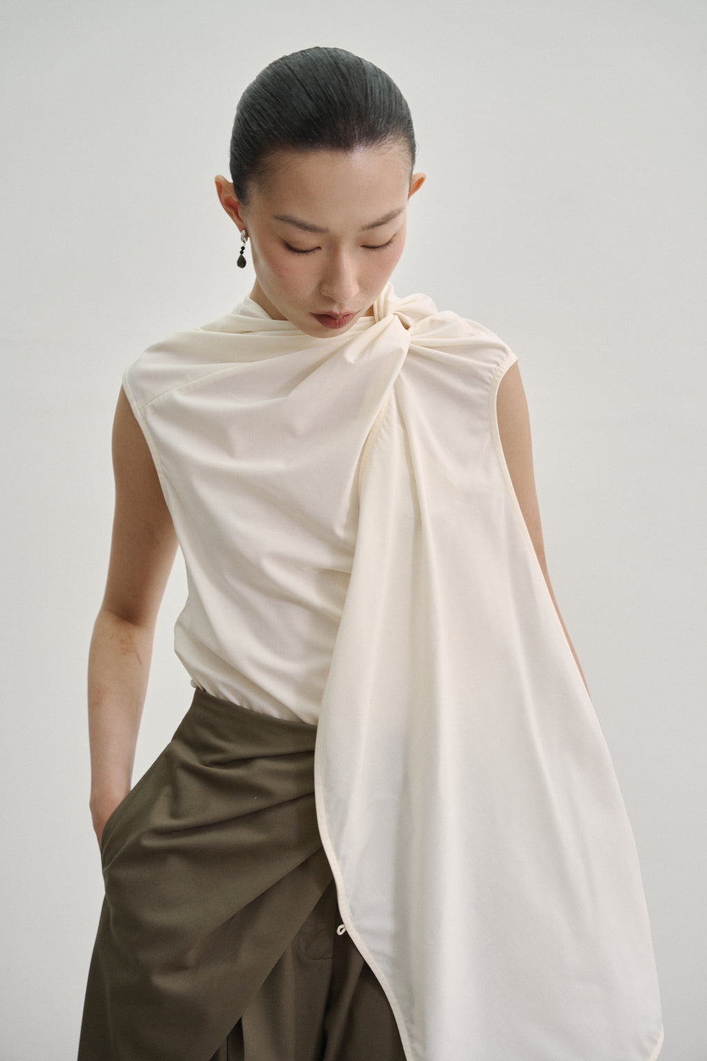 ‘Twisted Knot’ Tunic with Shawl Lapel in Stretch Tencel Rayon Blend Beige