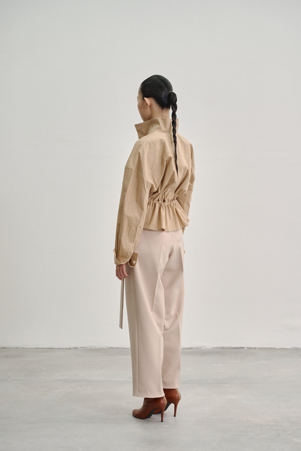 Camel 'Nathan' Short Jacket with Drawstring in Textured Cotton