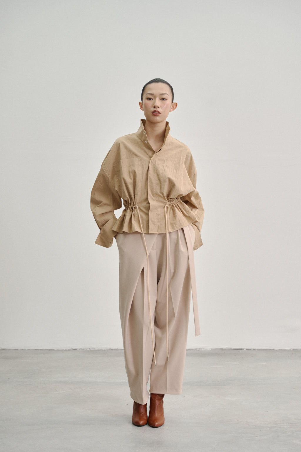 Camel 'Nathan' Short Jacket with Drawstring in Textured Cotton