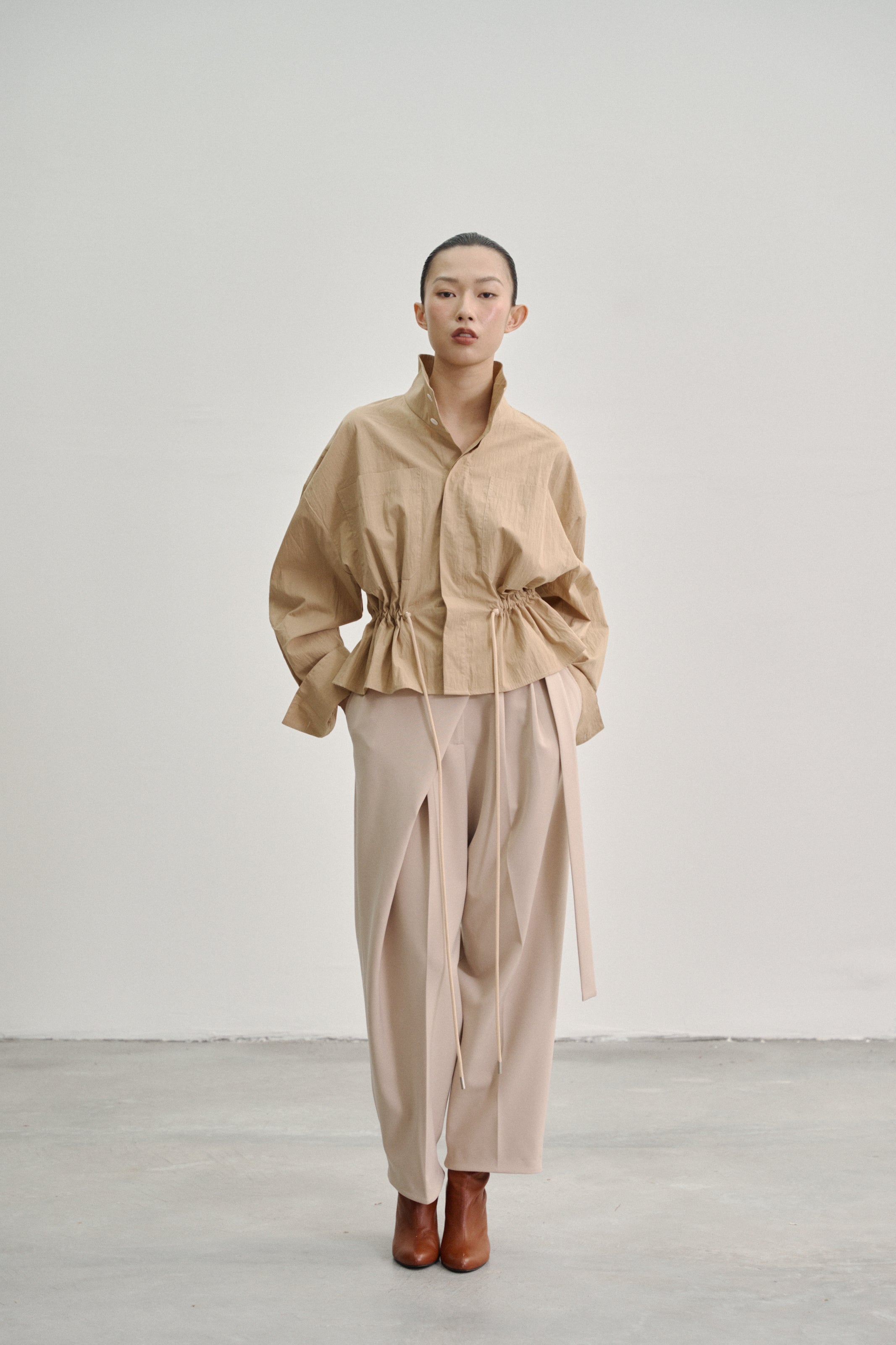 Camel 'Nathan' Short Jacket with Drawstring in Textured Cotton