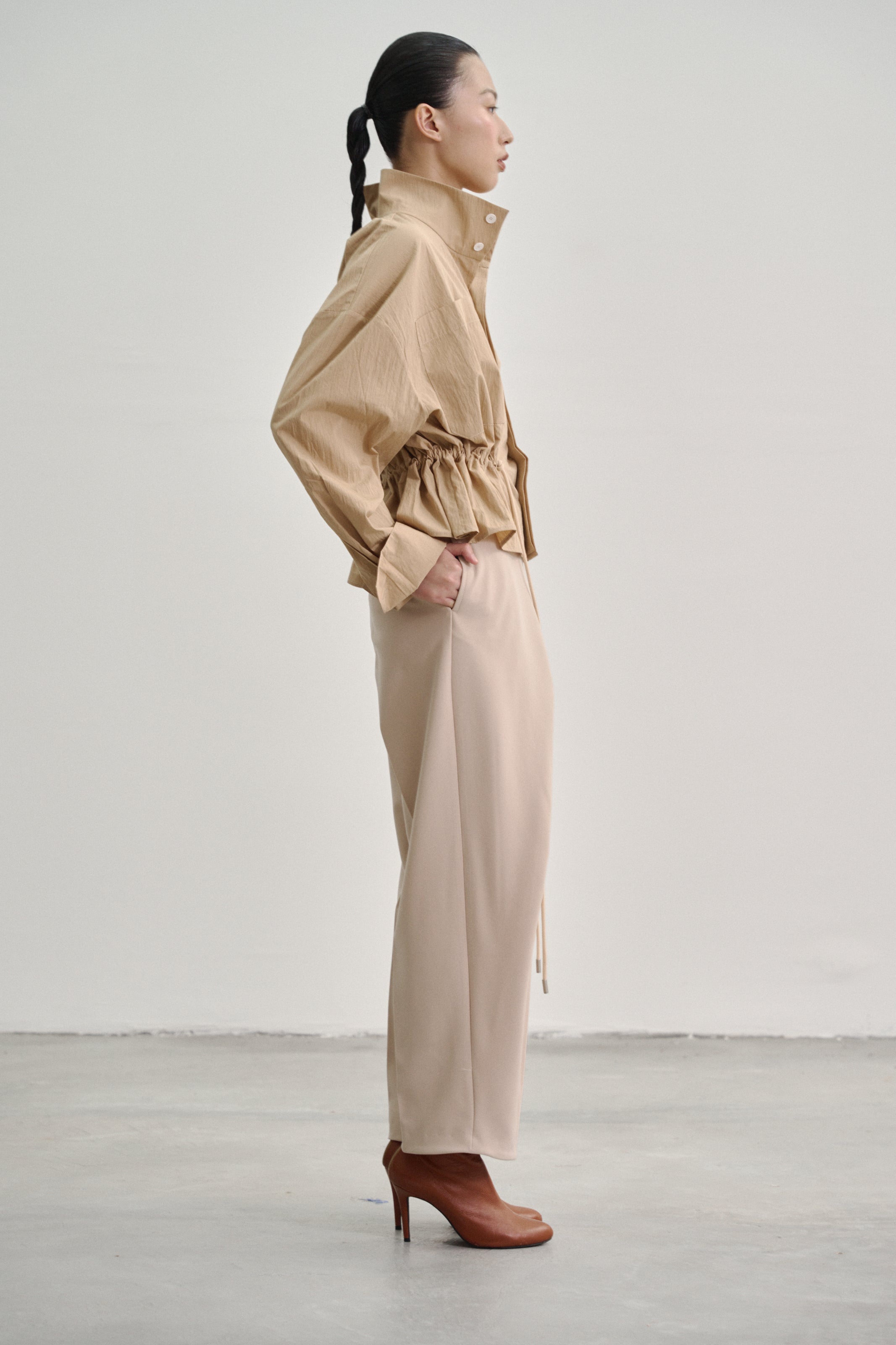 Camel 'Nathan' Short Jacket with Drawstring in Textured Cotton