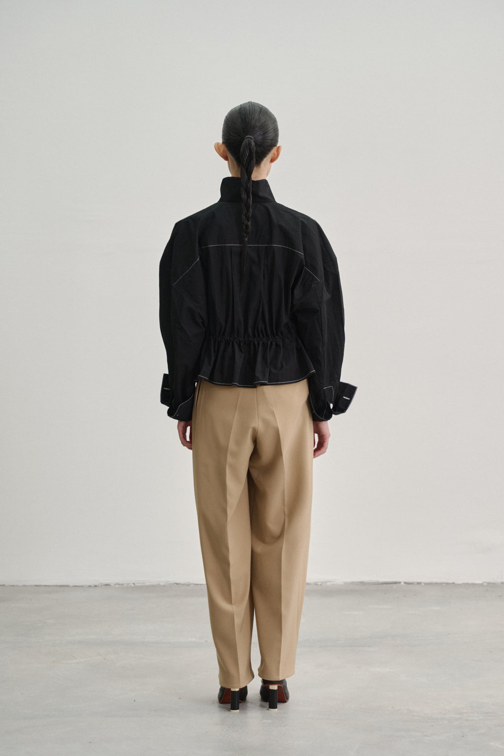Brown 'Wrap' Pleated Trousers with Adjustable Belt Buckle in Stretch Tencel Crepe