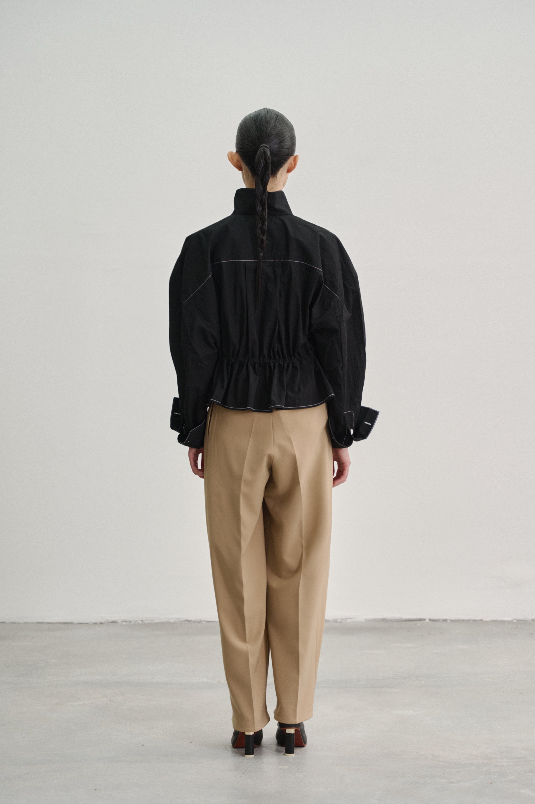 Brown 'Wrap' Pleated Trousers with Adjustable Belt Buckle in Stretch Tencel Crepe
