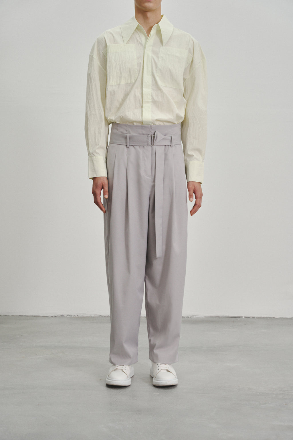 Grey 'Extra-High' Waisted Pleated Trousers in Tencel Rayon Blend with Fabric Belt