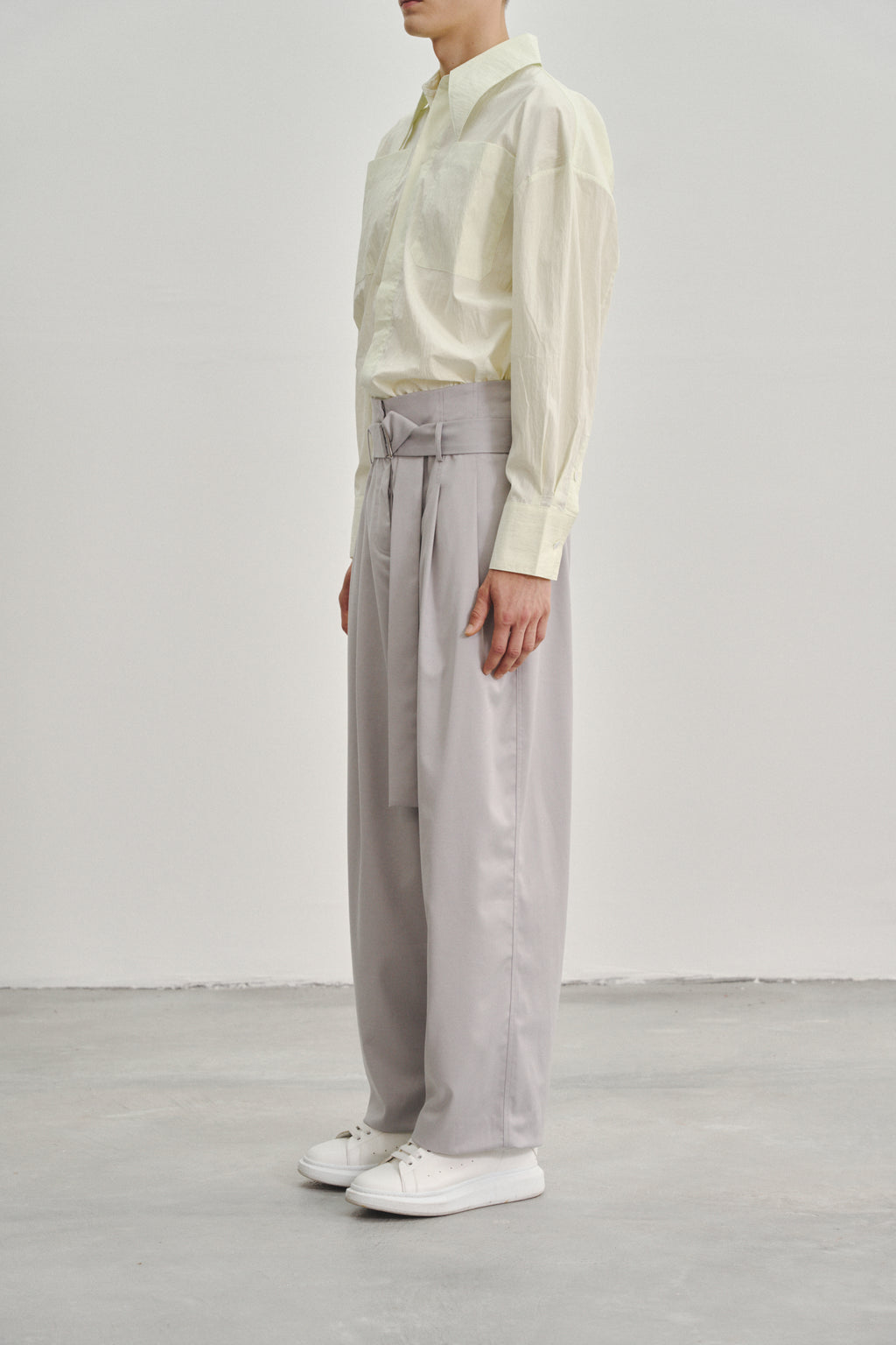 Grey 'Extra-High' Waisted Pleated Trousers in Tencel Rayon Blend with Fabric Belt
