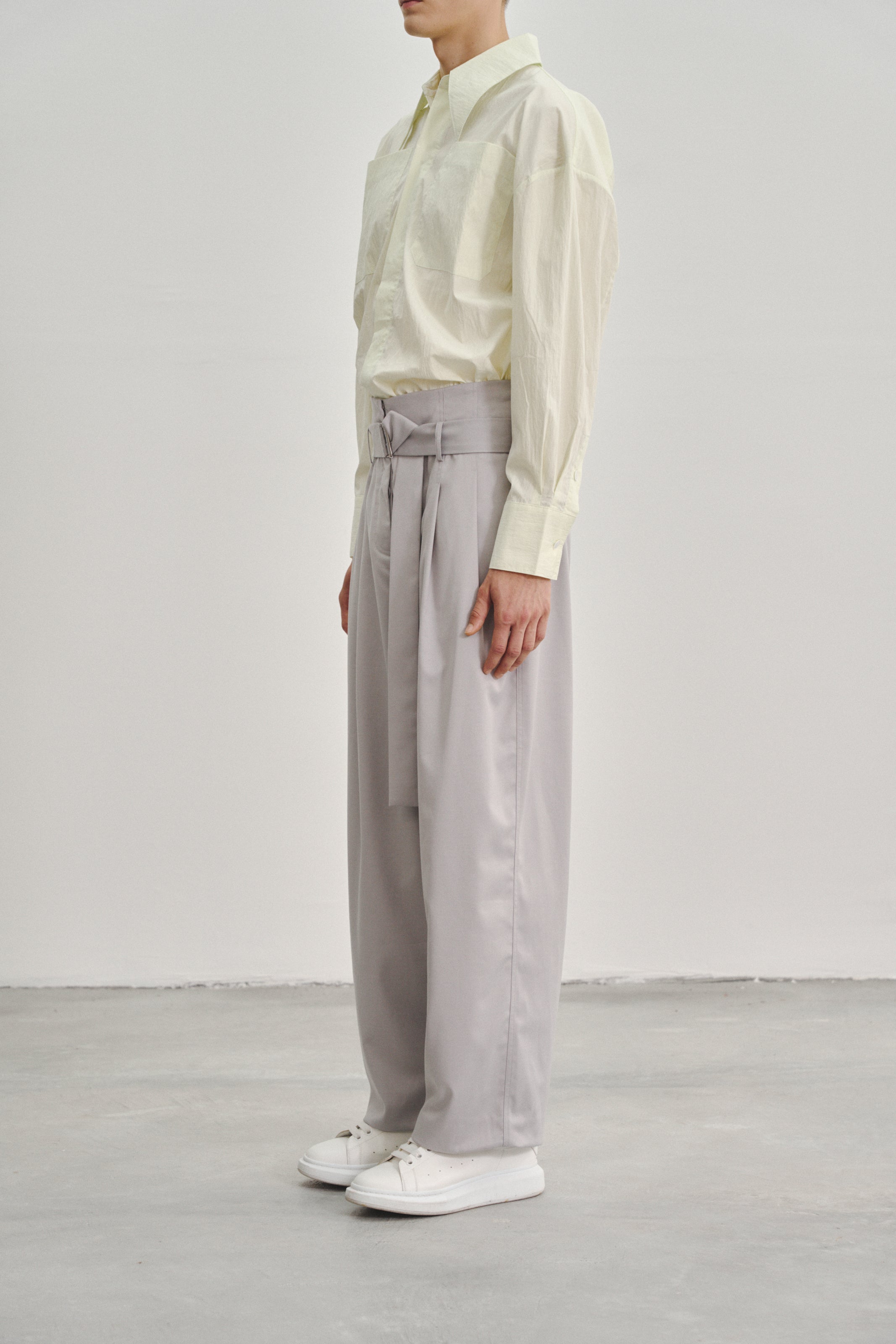 Grey 'Extra-High' Waisted Pleated Trousers in Tencel Rayon Blend with Fabric Belt