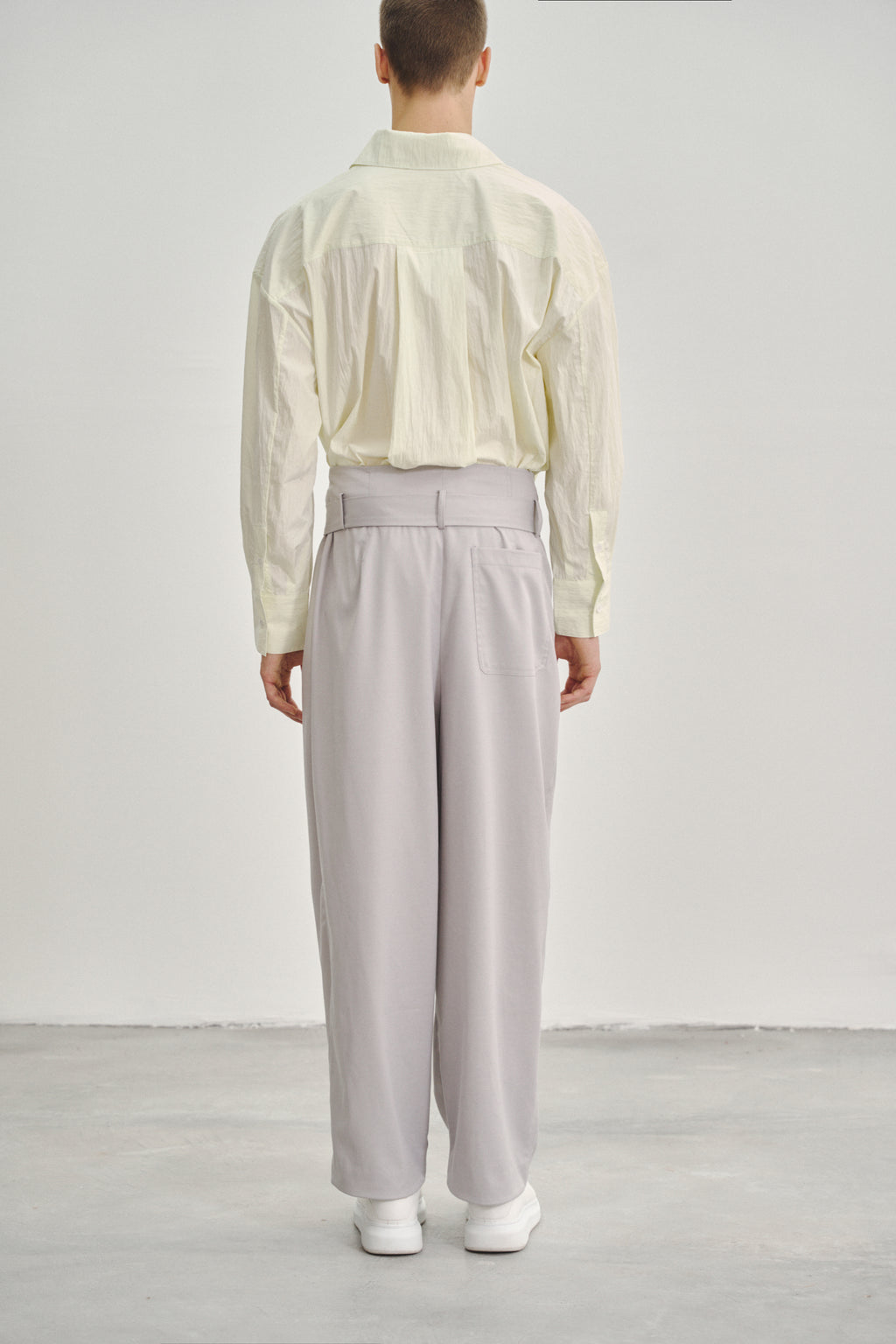 Grey 'Extra-High' Waisted Pleated Trousers in Tencel Rayon Blend with Fabric Belt