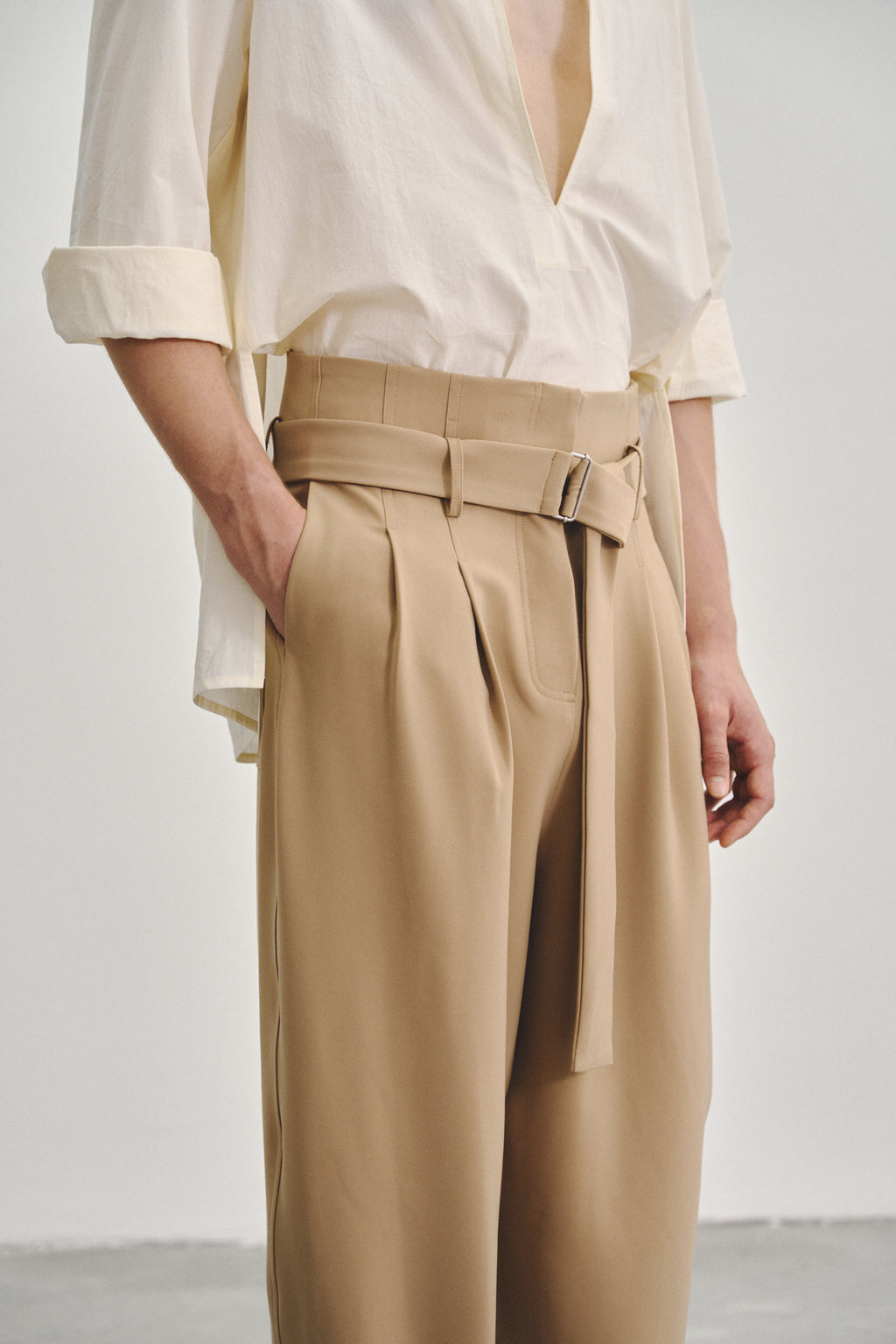 Brown 'Extra-High' Waisted Pleated Trousers in Stretch Tencel Crepe with Fabric Belt