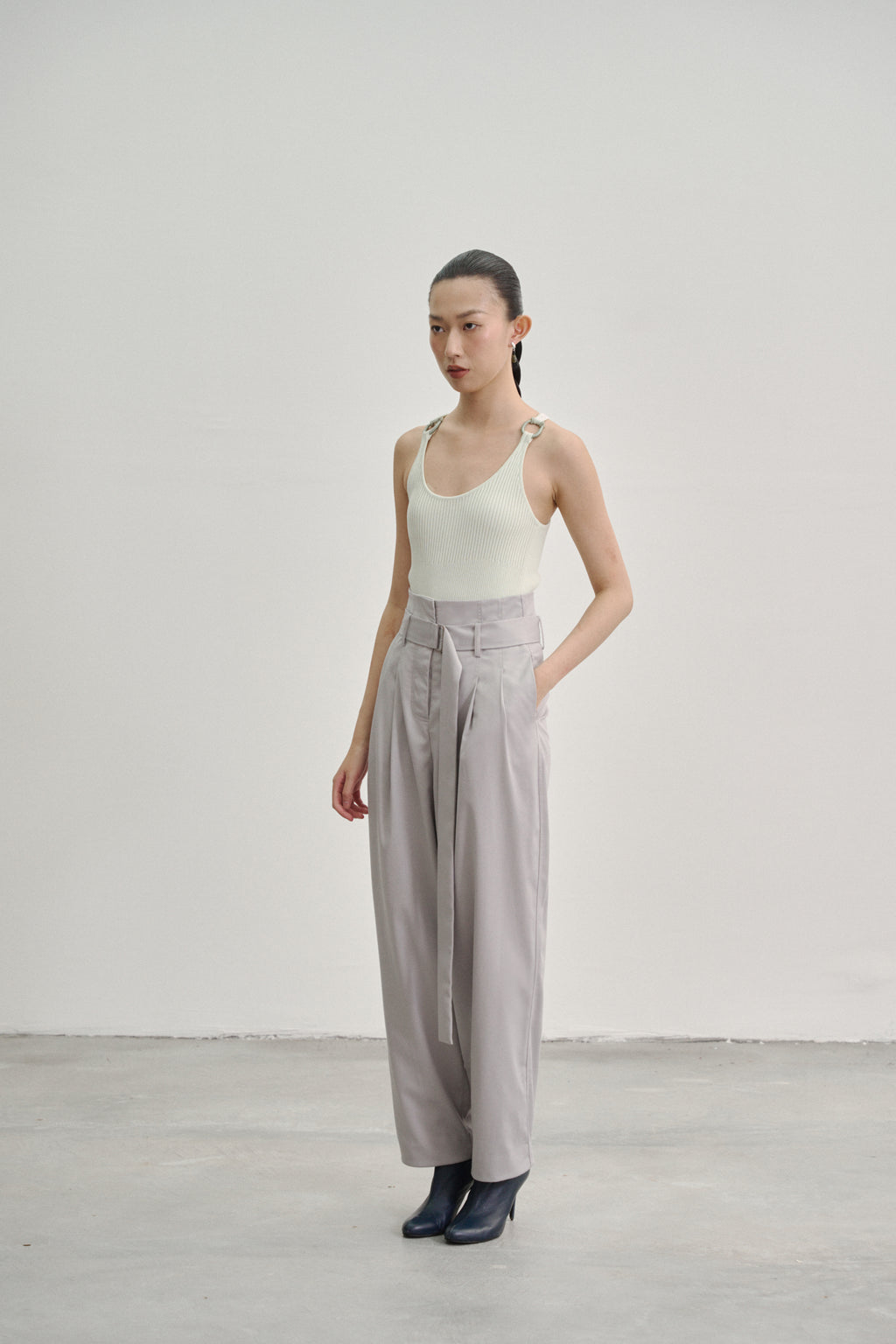 Grey 'Extra-High' Waisted Pleated Trousers in Tencel Rayon Blend with Fabric Belt