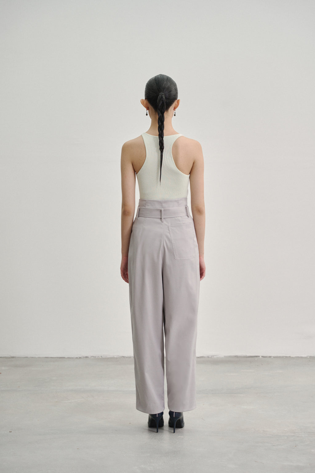 Grey 'Extra-High' Waisted Pleated Trousers in Tencel Rayon Blend with Fabric Belt