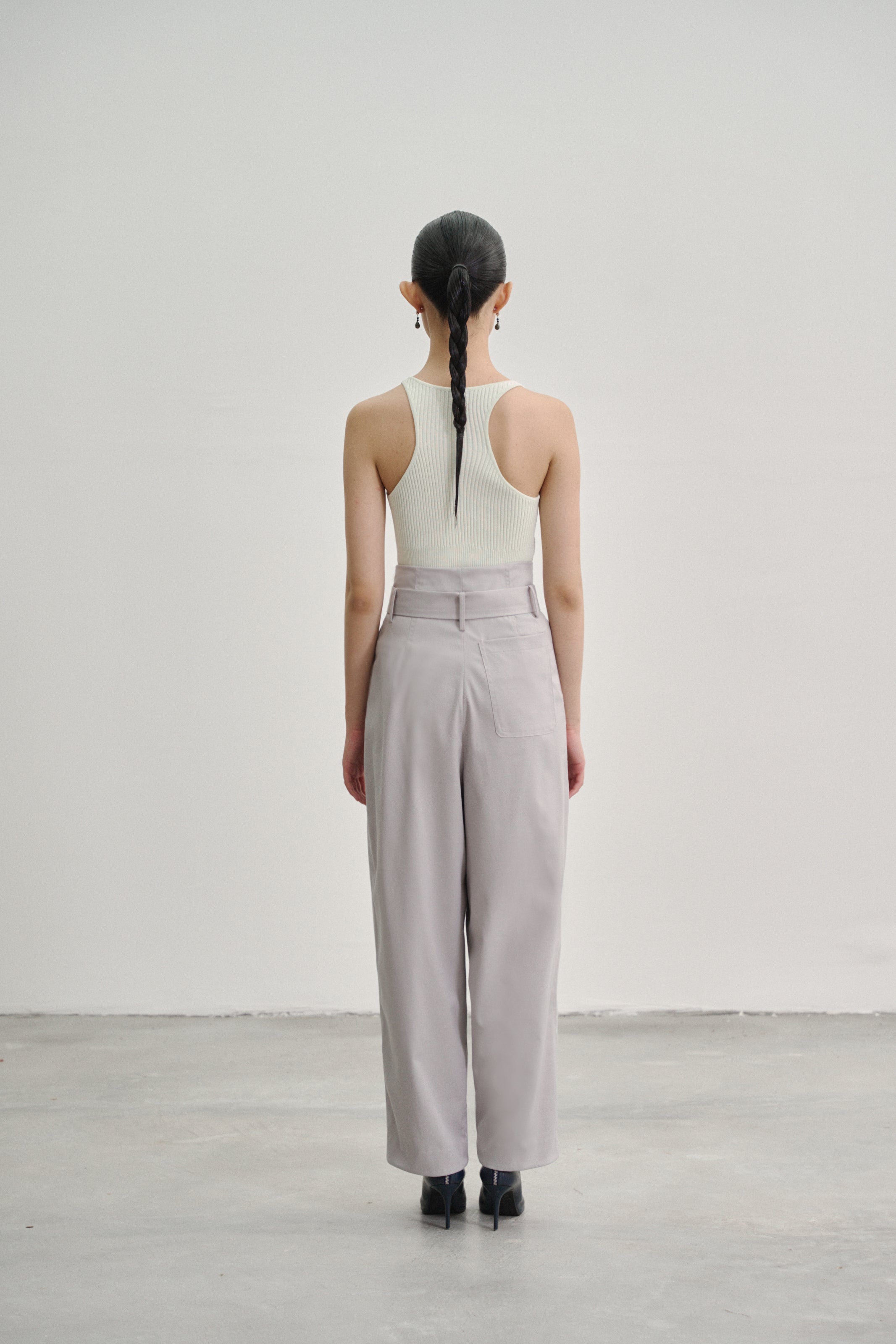 Grey 'Extra-High' Waisted Pleated Trousers in Tencel Rayon Blend with Fabric Belt