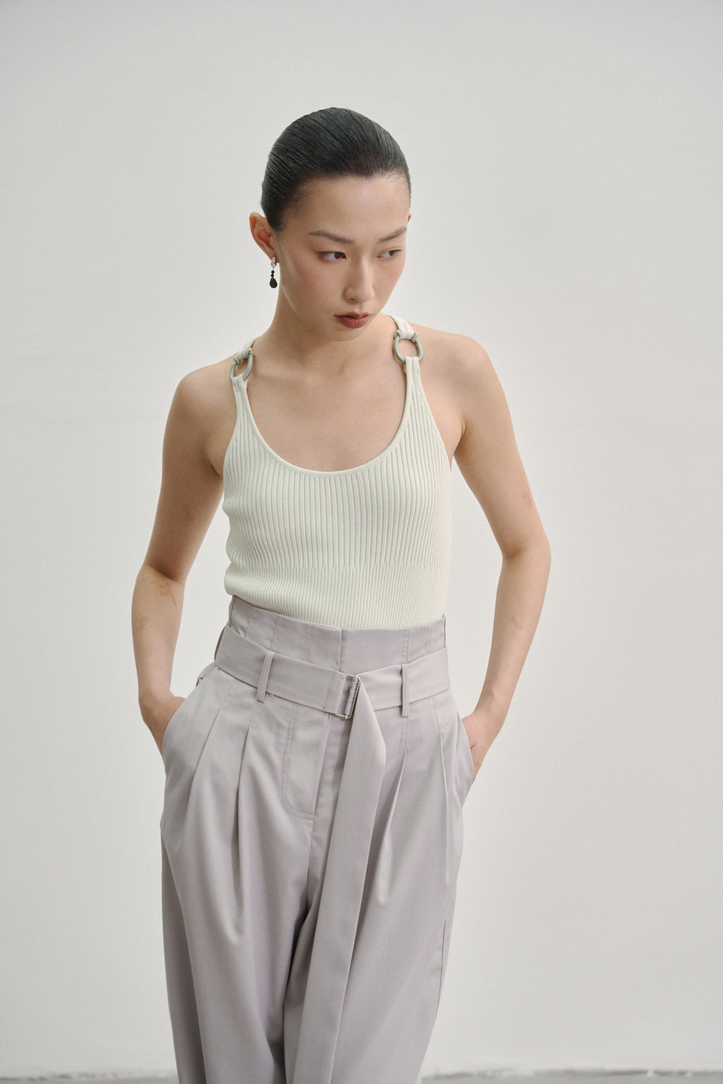 Grey 'Extra-High' Waisted Pleated Trousers in Tencel Rayon Blend with Fabric Belt