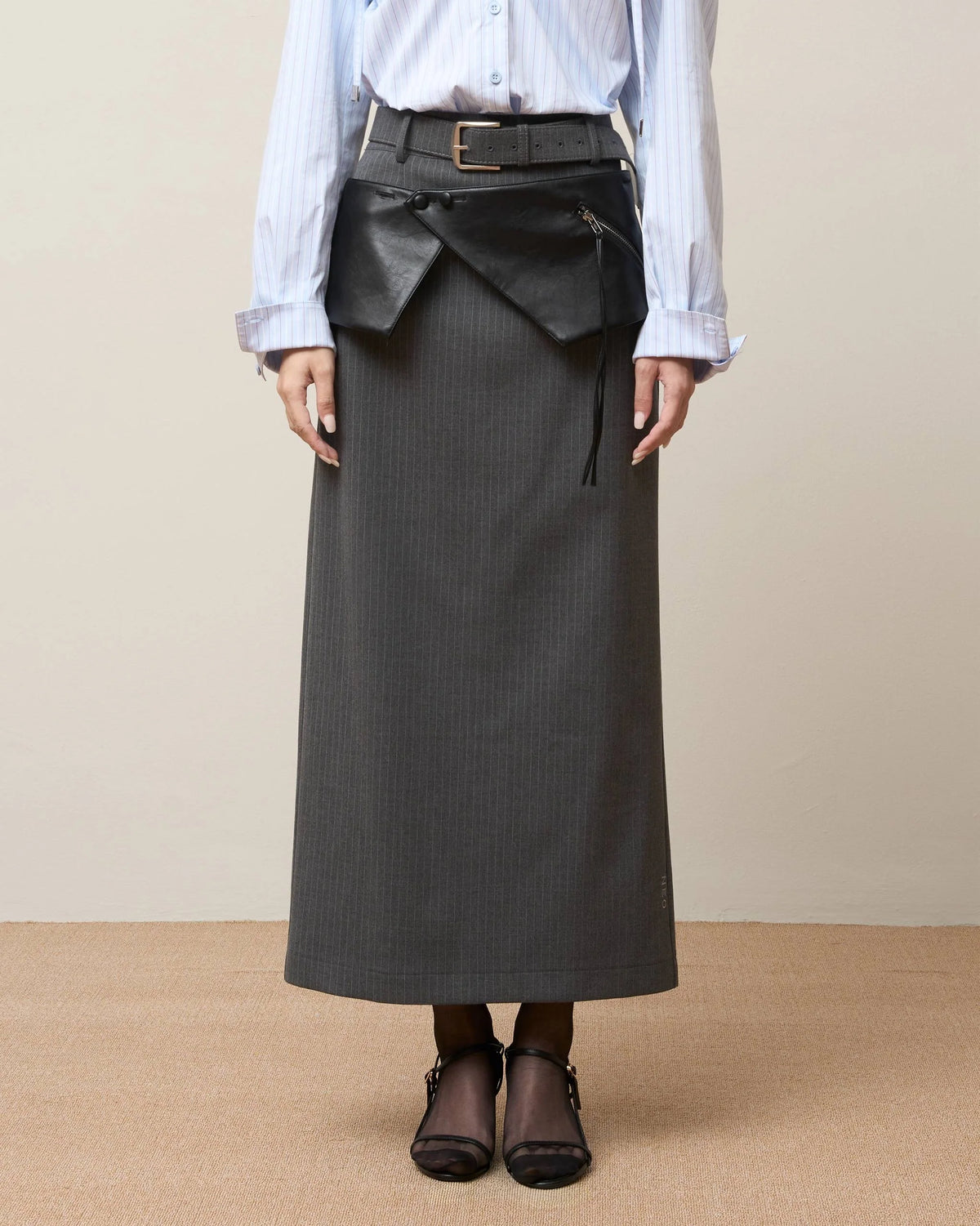 TAILORED PENCIL SKIRT WITH WAIST BELT GREY