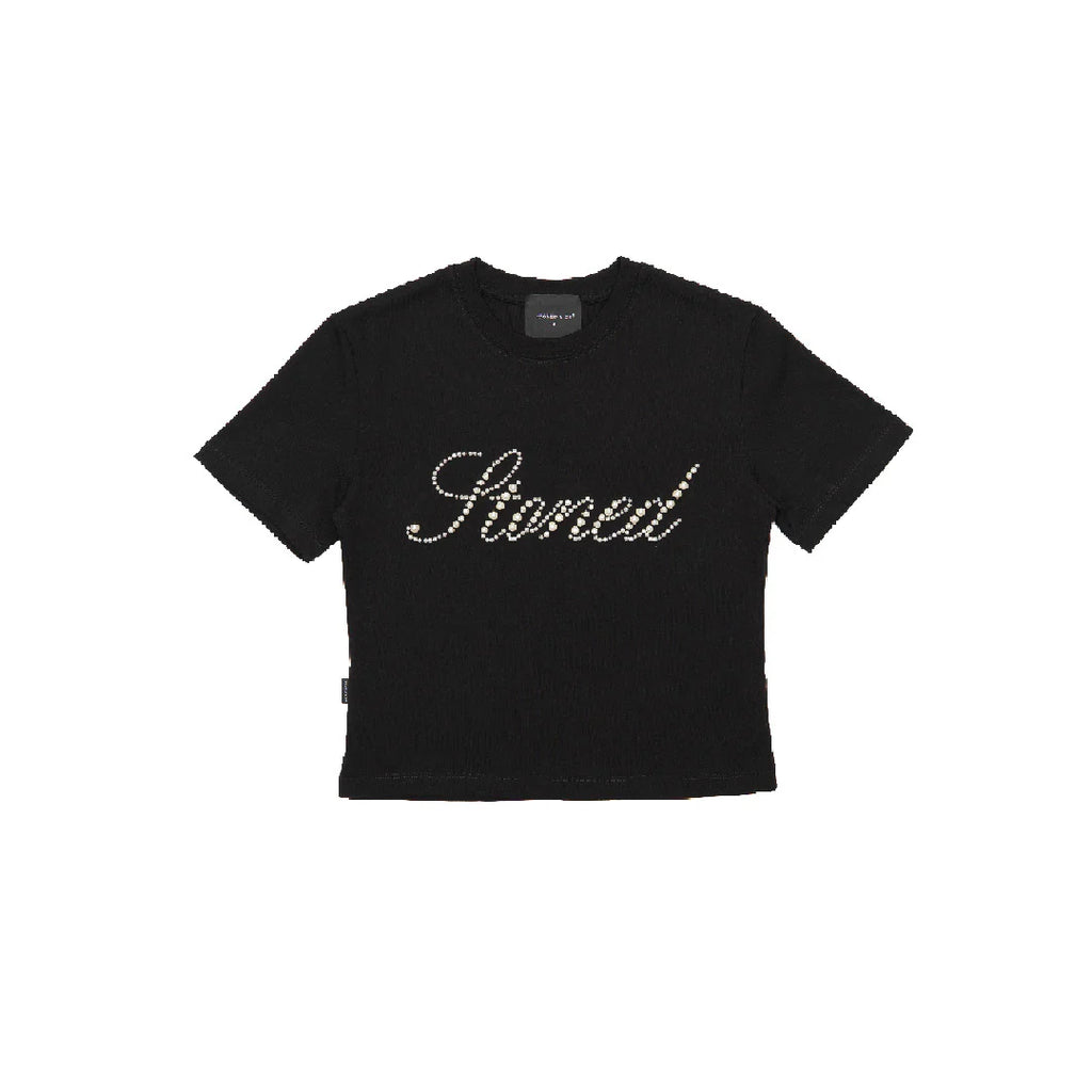 BLESSED 26 : CURSIVE PEARL LOGO CROP TOP BLACK