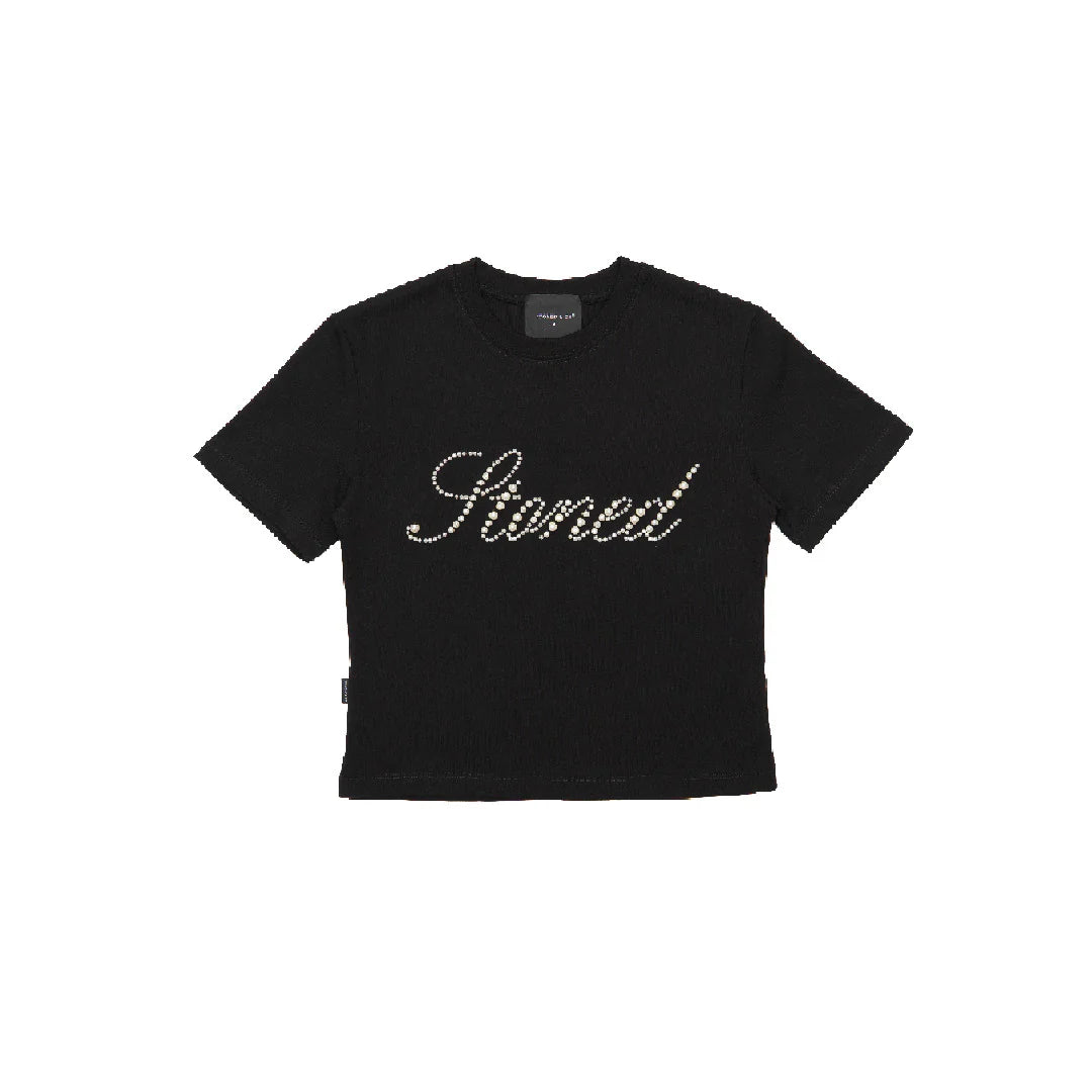 BLESSED 26 : CURSIVE PEARL LOGO CROP TOP BLACK