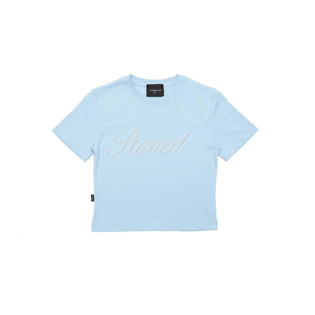 BLESSED 26 : CURSIVE PEARL CROP TOP BABY BLUE