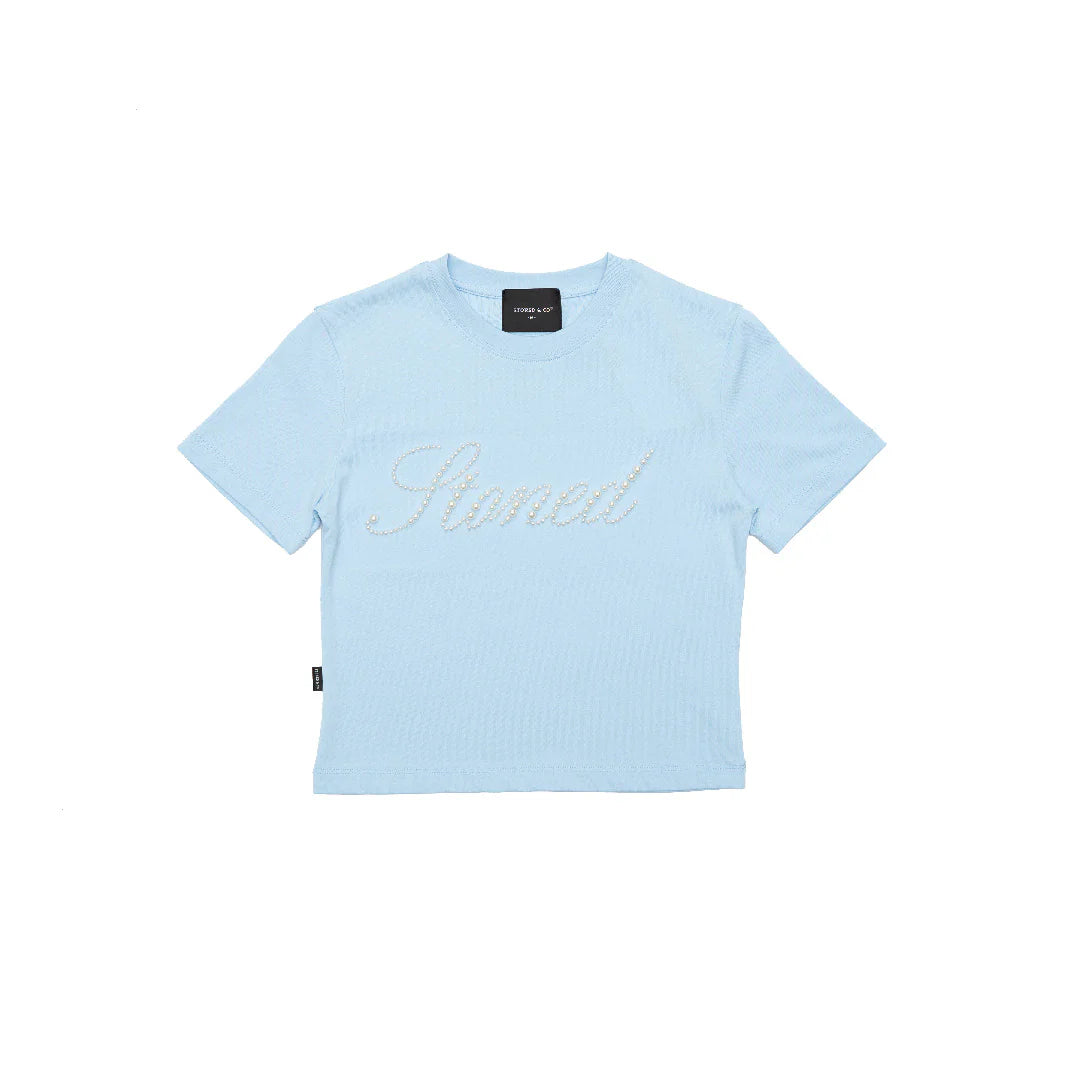 BLESSED 26 : CURSIVE PEARL CROP TOP BABY BLUE